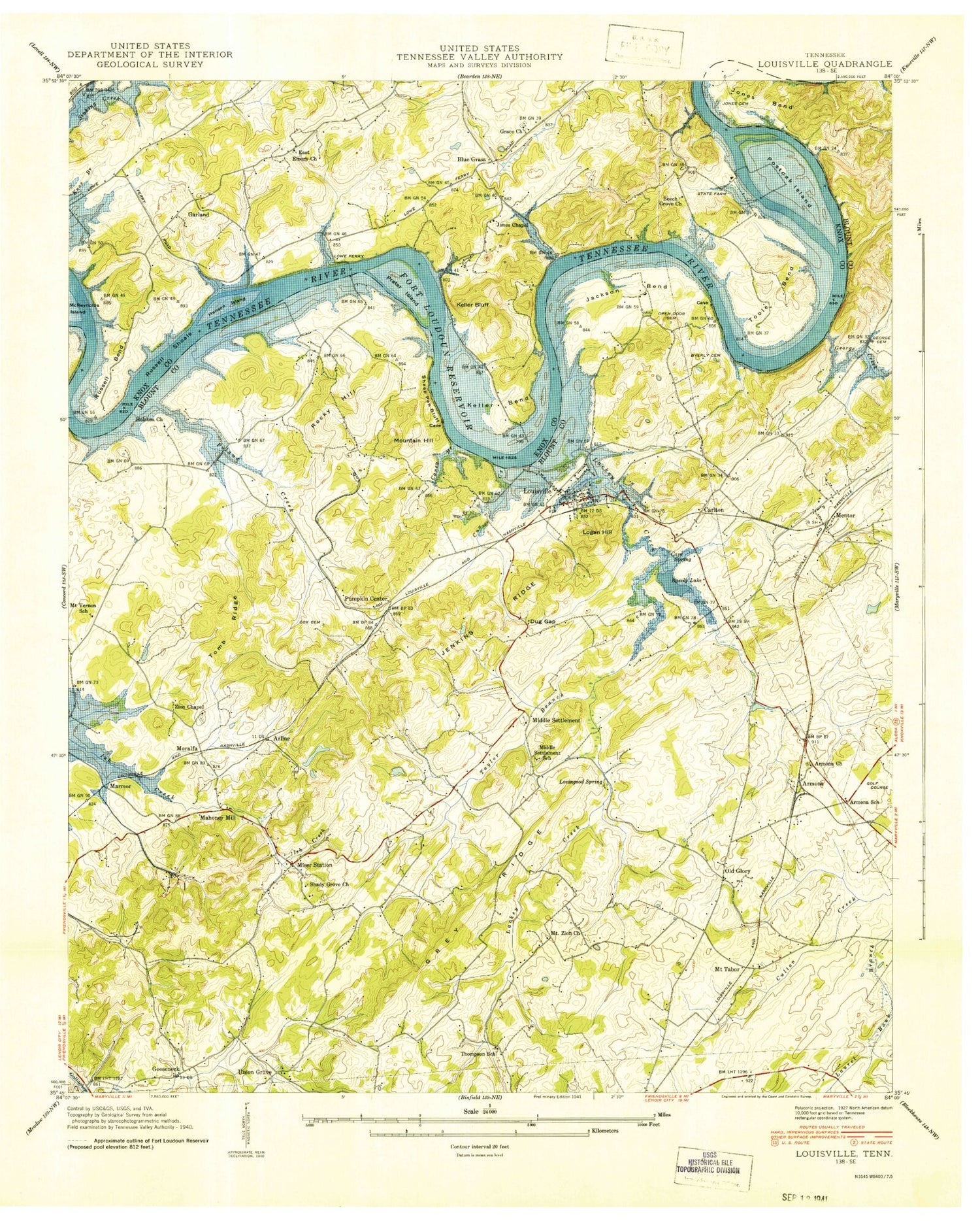 Classic USGS Louisville Tennessee 7.5'x7.5' Topo Map Image