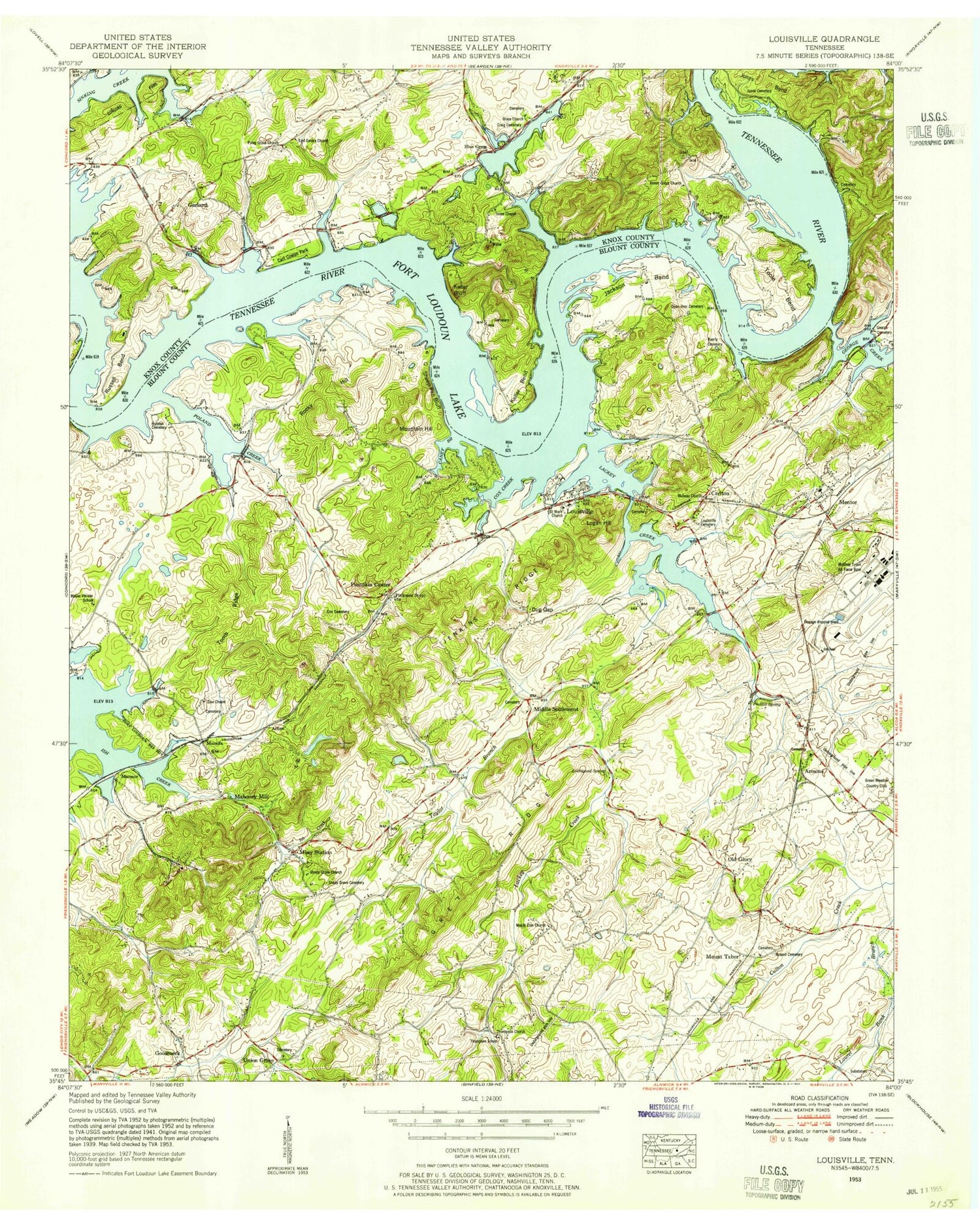 Classic USGS Louisville Tennessee 7.5'x7.5' Topo Map Image