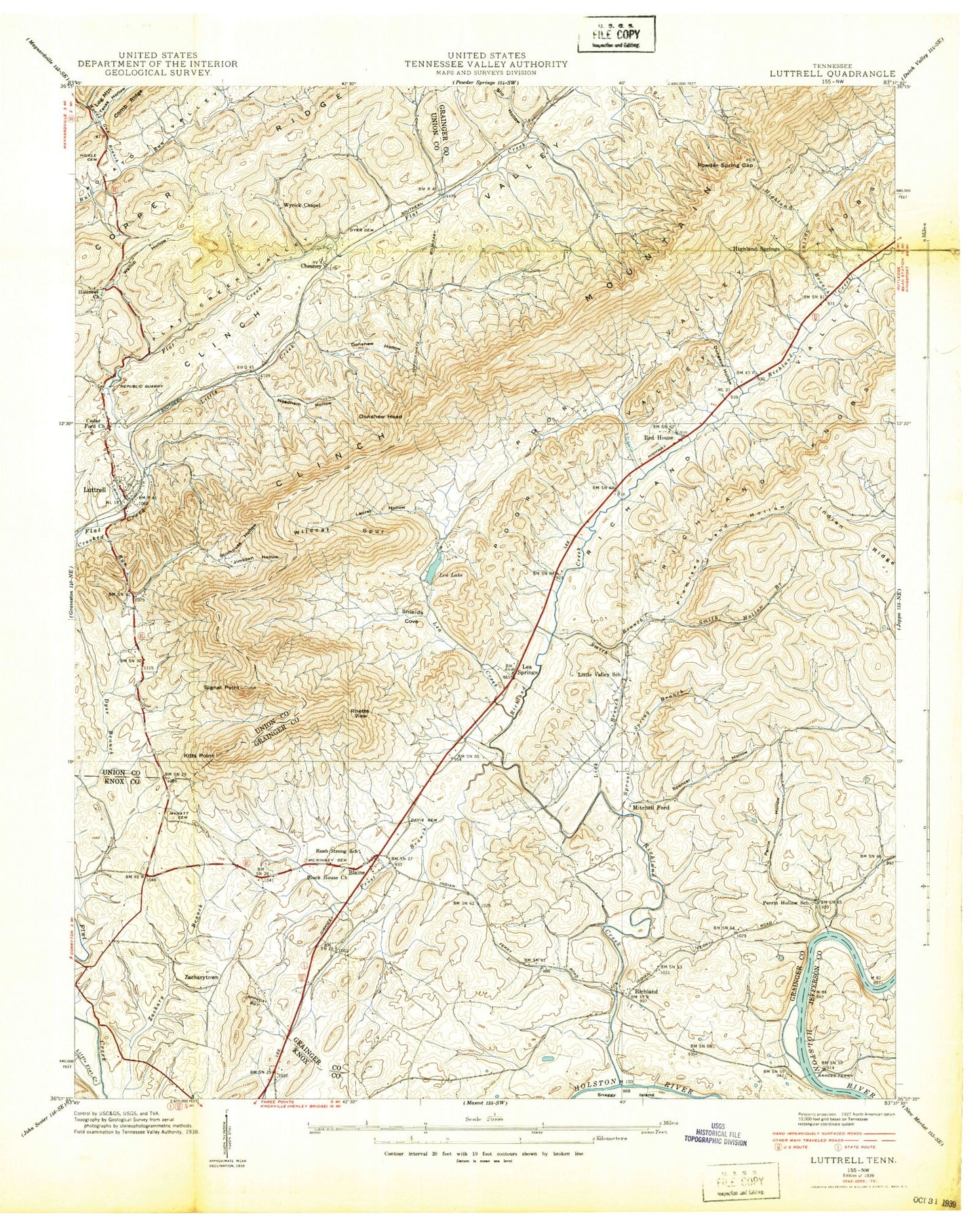 Classic USGS Luttrell Tennessee 7.5'x7.5' Topo Map Image