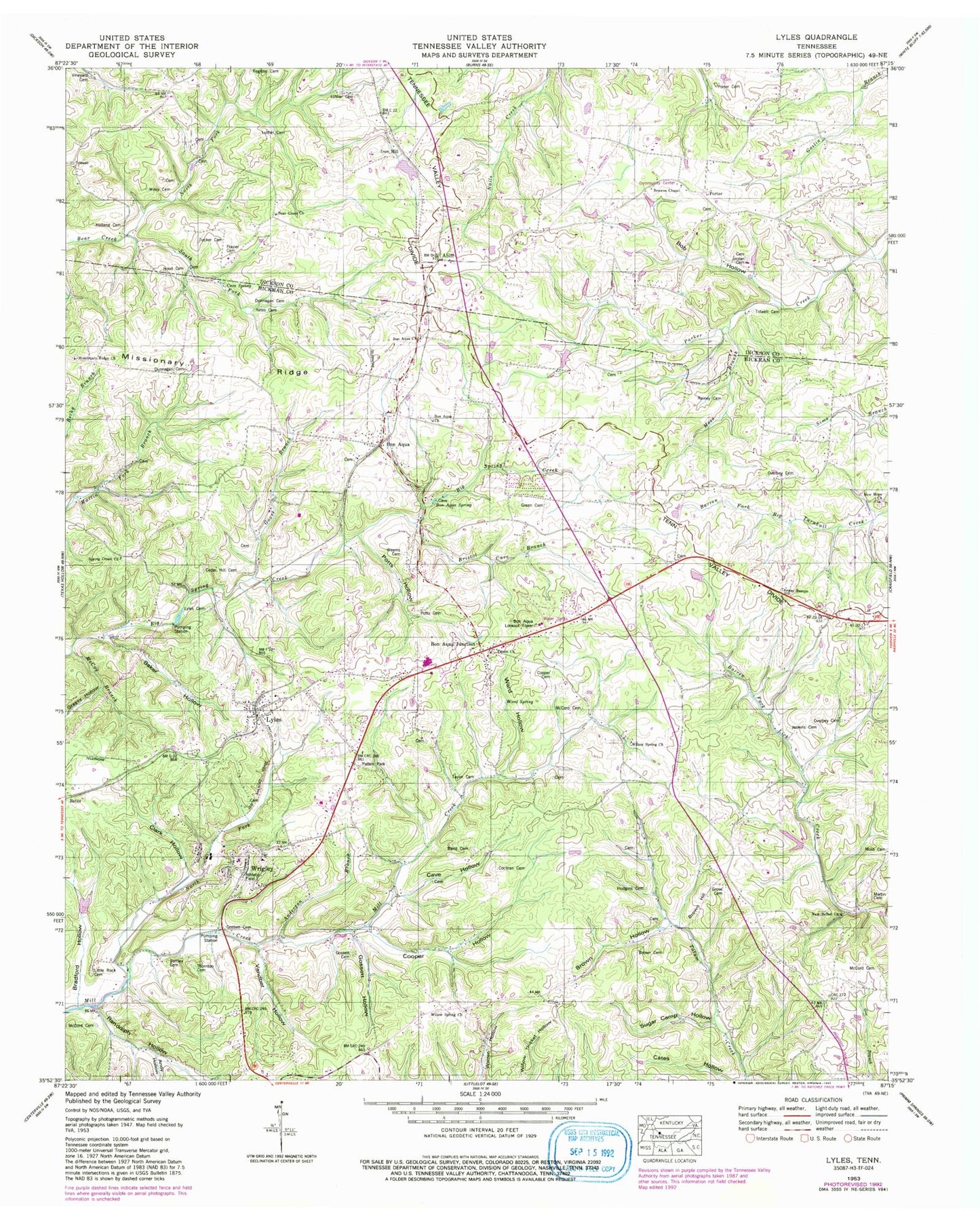 Classic USGS Lyles Tennessee 7.5'x7.5' Topo Map Image