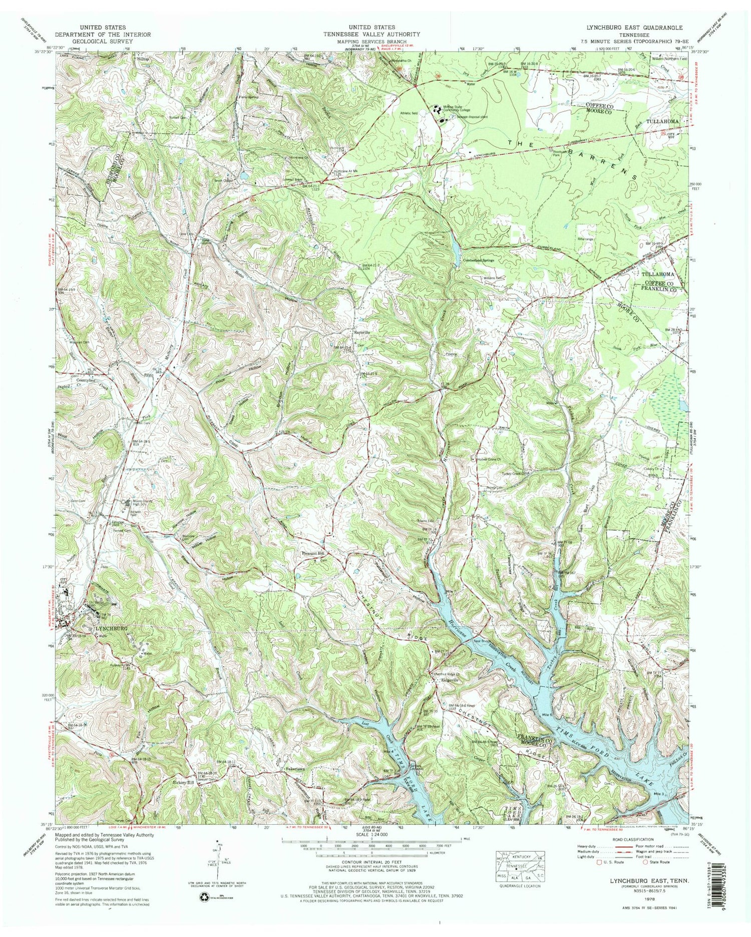 Classic USGS Lynchburg East Tennessee 7.5'x7.5' Topo Map Image