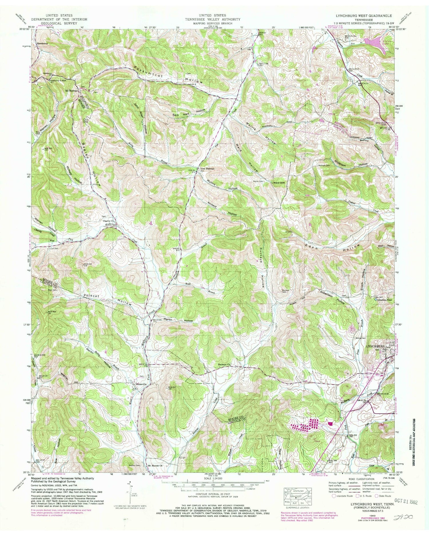 Classic USGS Lynchburg West Tennessee 7.5'x7.5' Topo Map Image