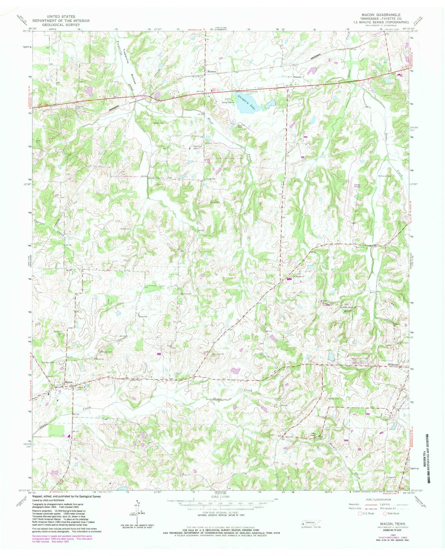 Classic USGS Macon Tennessee 7.5'x7.5' Topo Map Image