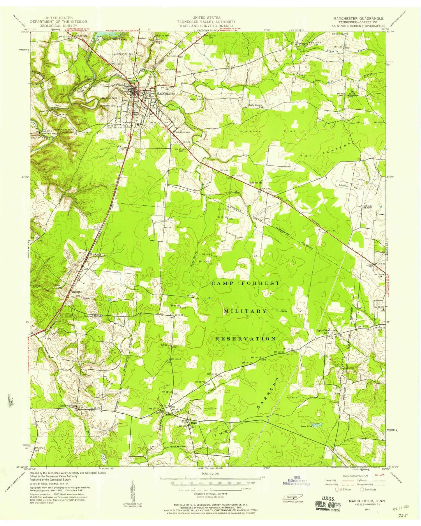 Classic USGS Manchester Tennessee 7.5'x7.5' Topo Map Image