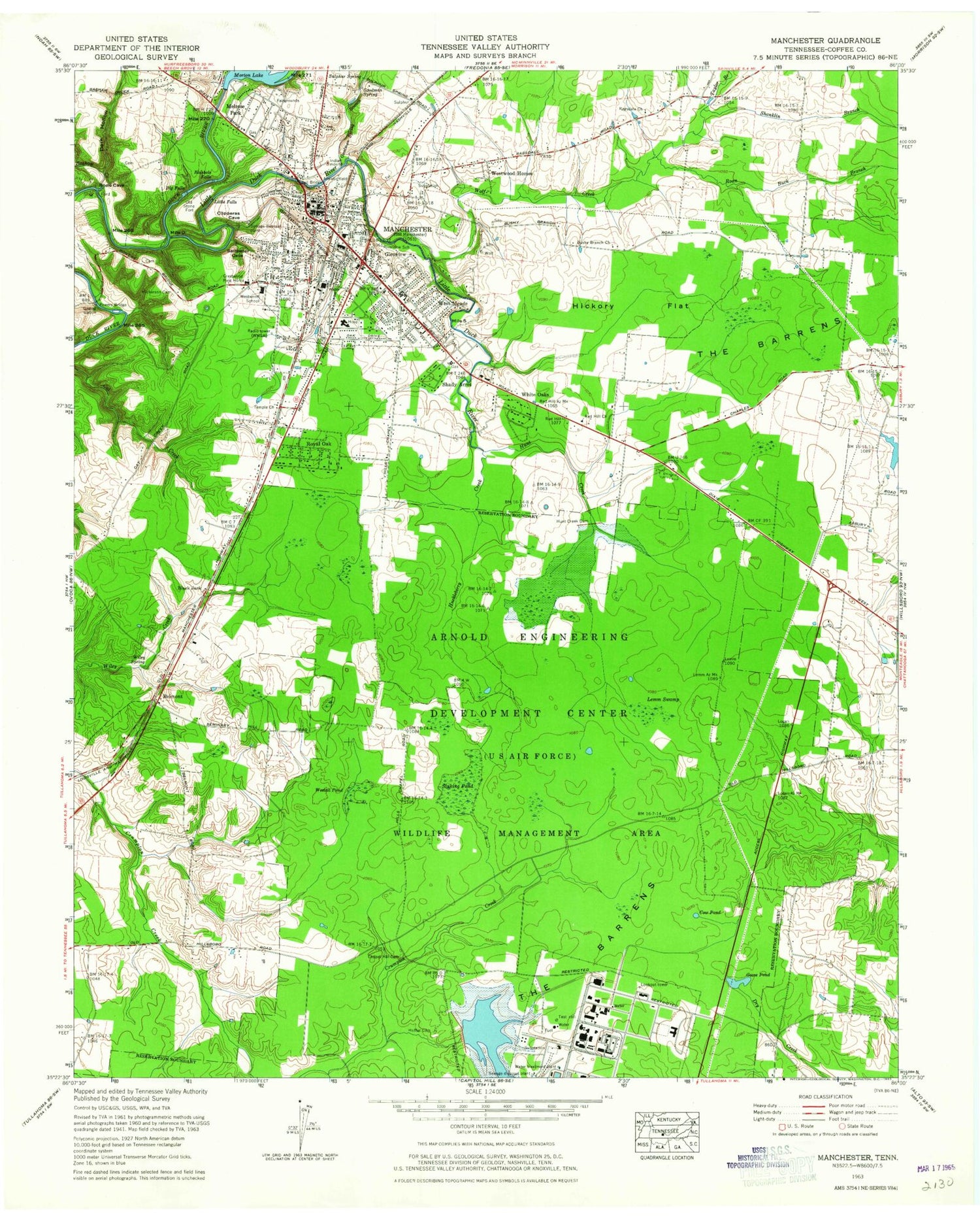Classic USGS Manchester Tennessee 7.5'x7.5' Topo Map Image