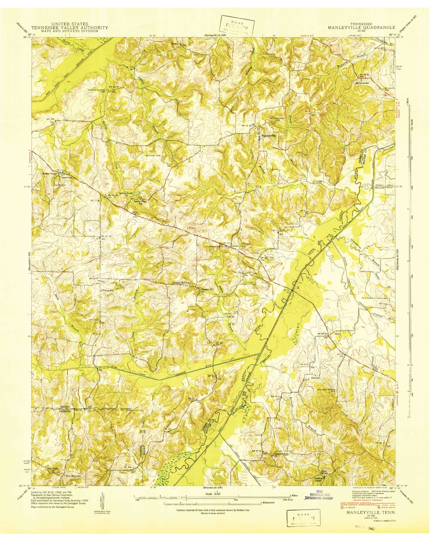 Classic USGS Manleyville Tennessee 7.5'x7.5' Topo Map Image