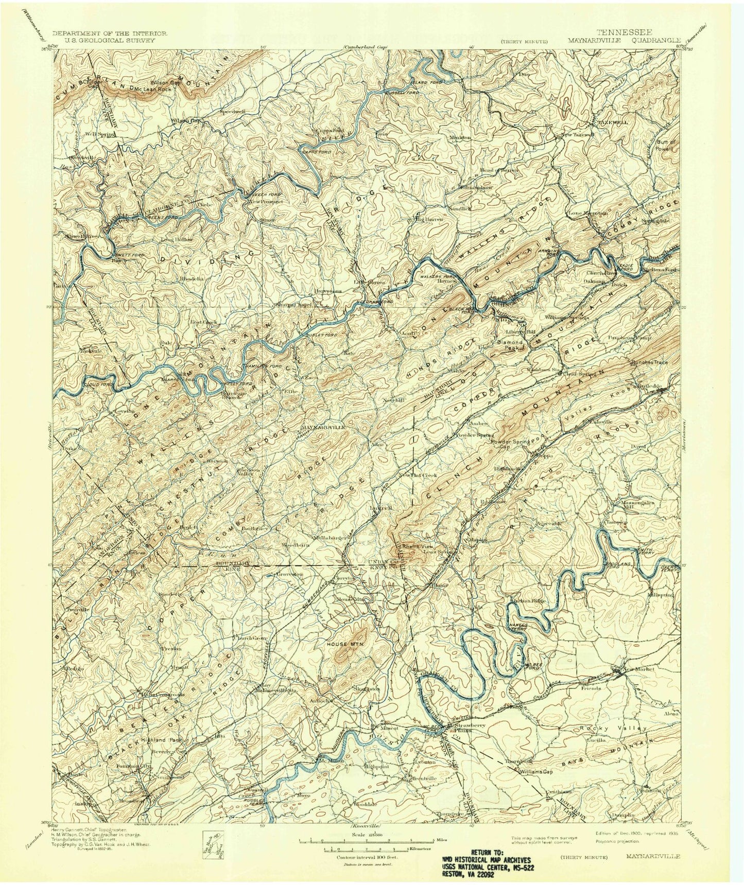 Historic 1900 Maynardville Tennessee 30'x30' Topo Map Image