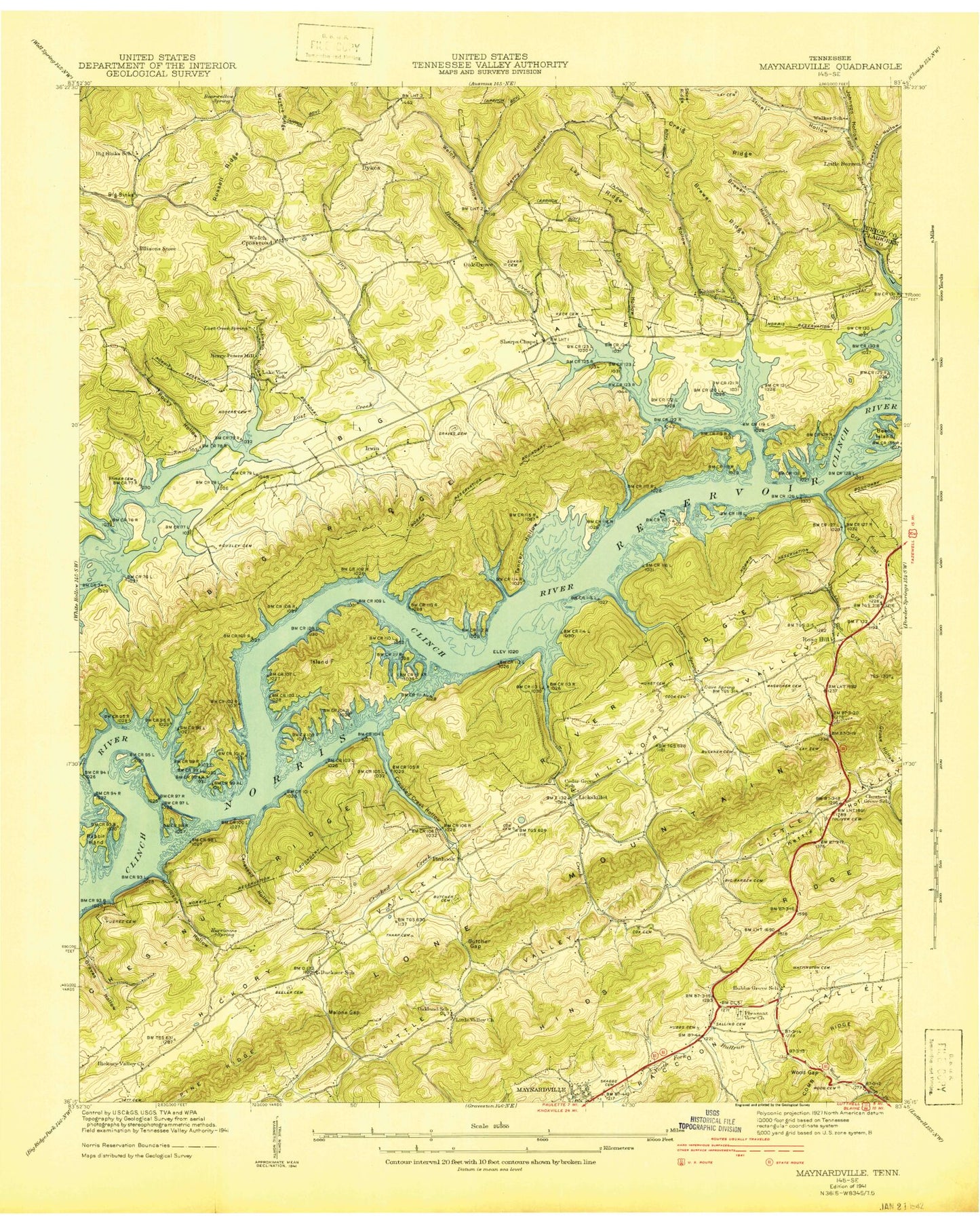 Classic USGS Maynardville Tennessee 7.5'x7.5' Topo Map Image