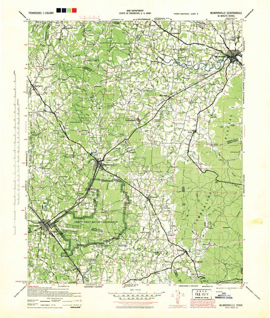 Historic 1943 Mc Minnville Tennessee 30'x30' Topo Map Image