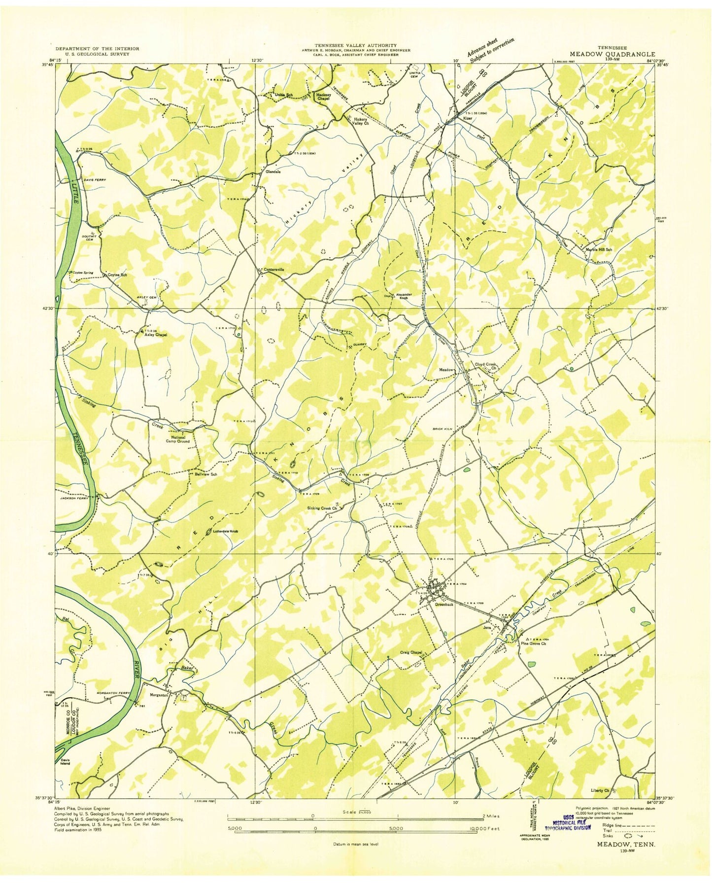Classic USGS Meadow Tennessee 7.5'x7.5' Topo Map Image