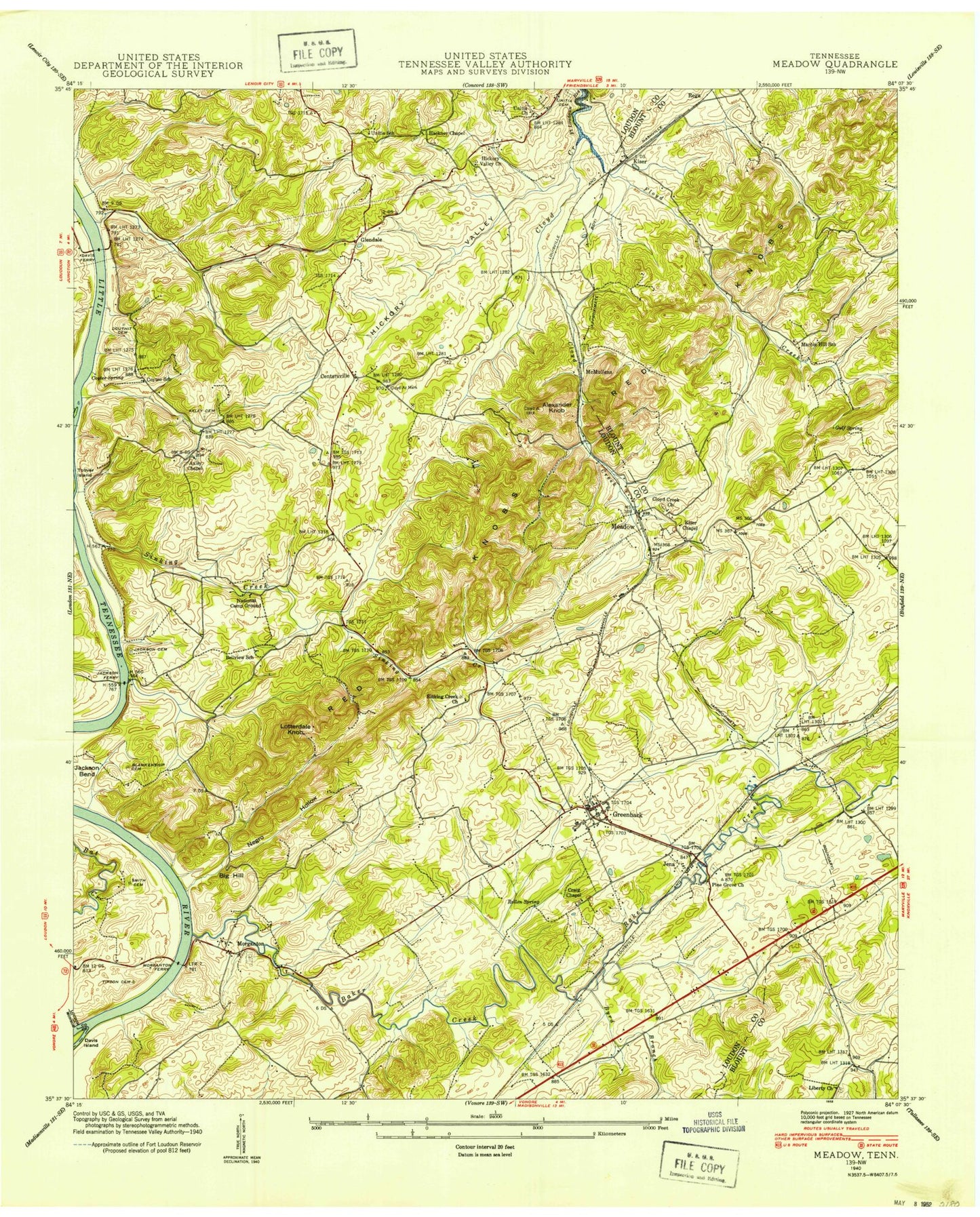 Classic USGS Meadow Tennessee 7.5'x7.5' Topo Map Image