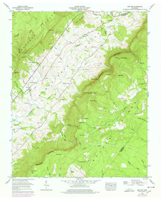 Classic USGS Melvine Tennessee 7.5'x7.5' Topo Map Image