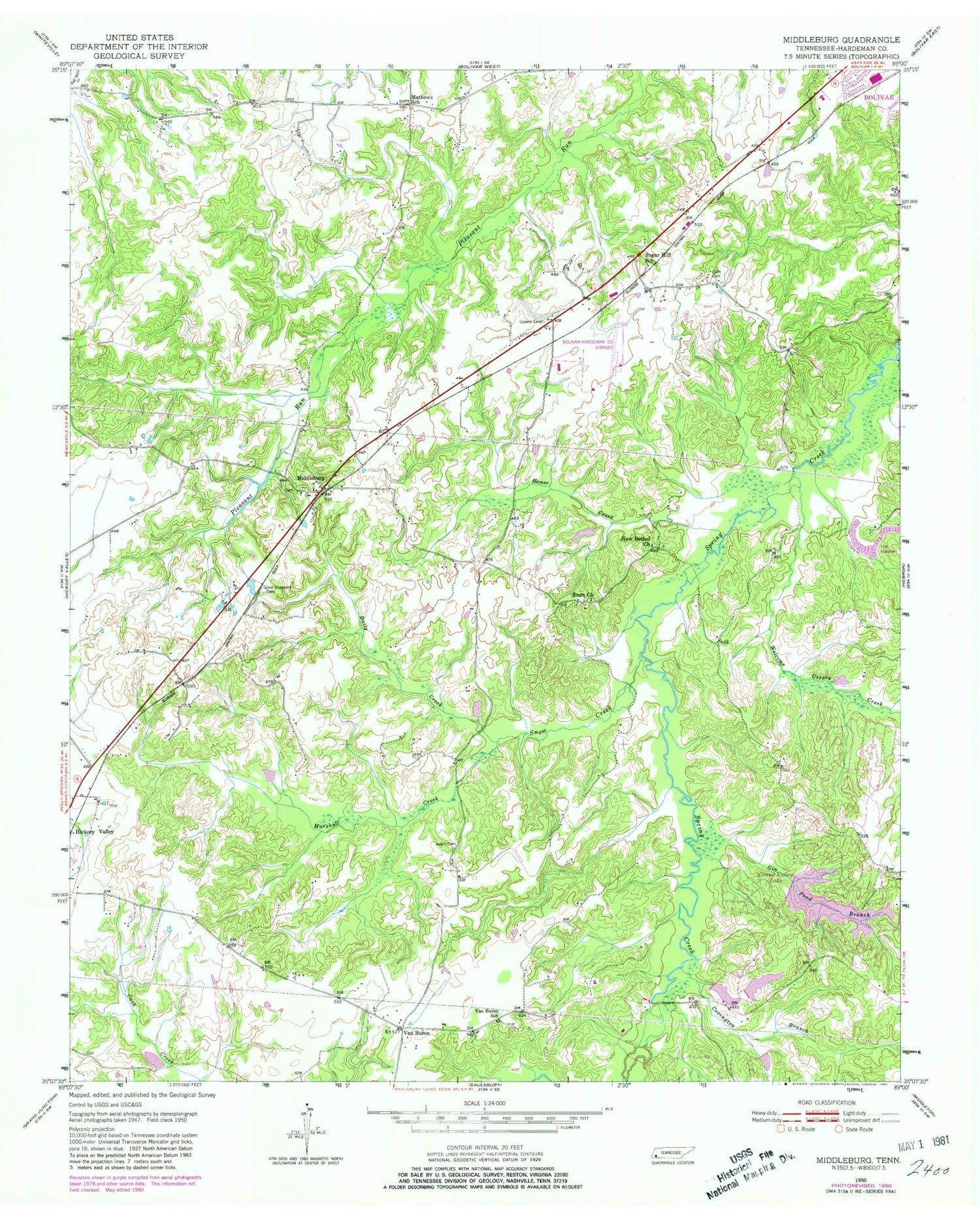 Classic USGS Middleburg Tennessee 7.5'x7.5' Topo Map Image
