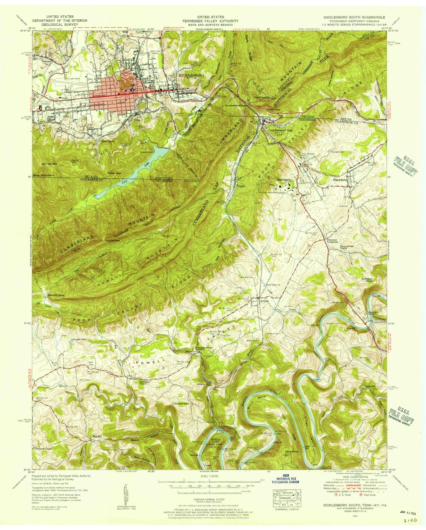 Classic USGS Middlesboro South Kentucky 7.5'x7.5' Topo Map Image