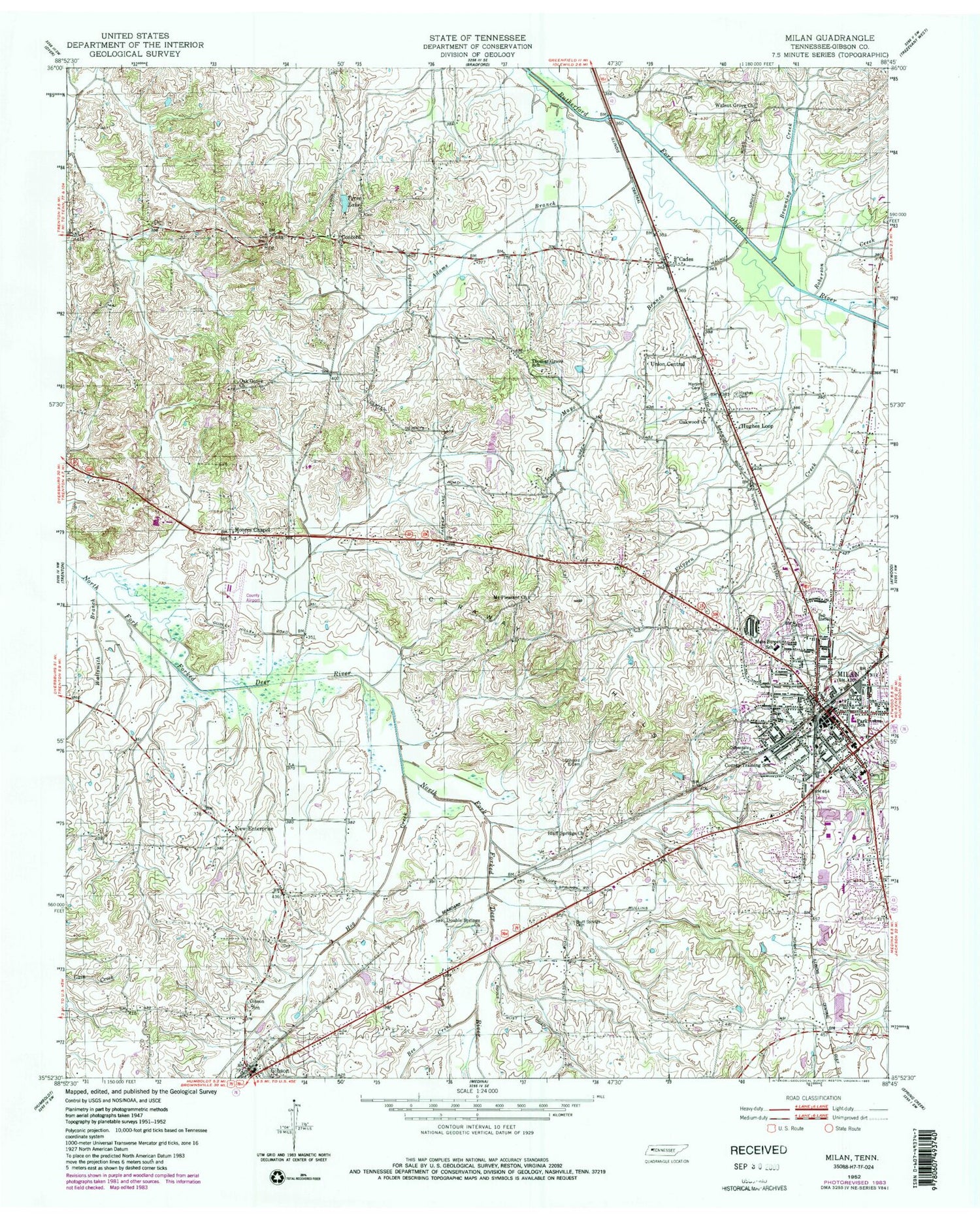 Classic USGS Milan Tennessee 7.5'x7.5' Topo Map Image