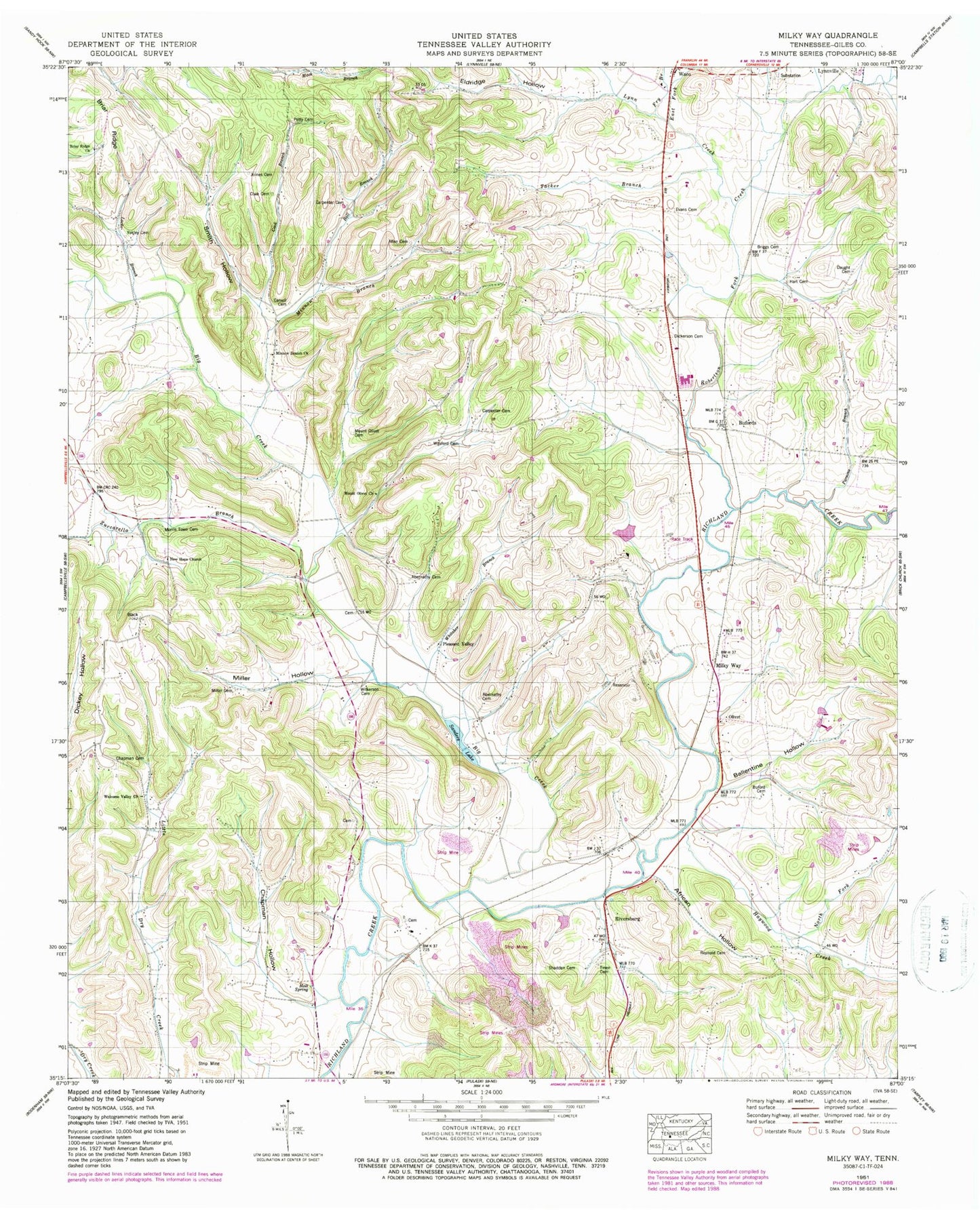 Classic USGS Milky Way Tennessee 7.5'x7.5' Topo Map Image