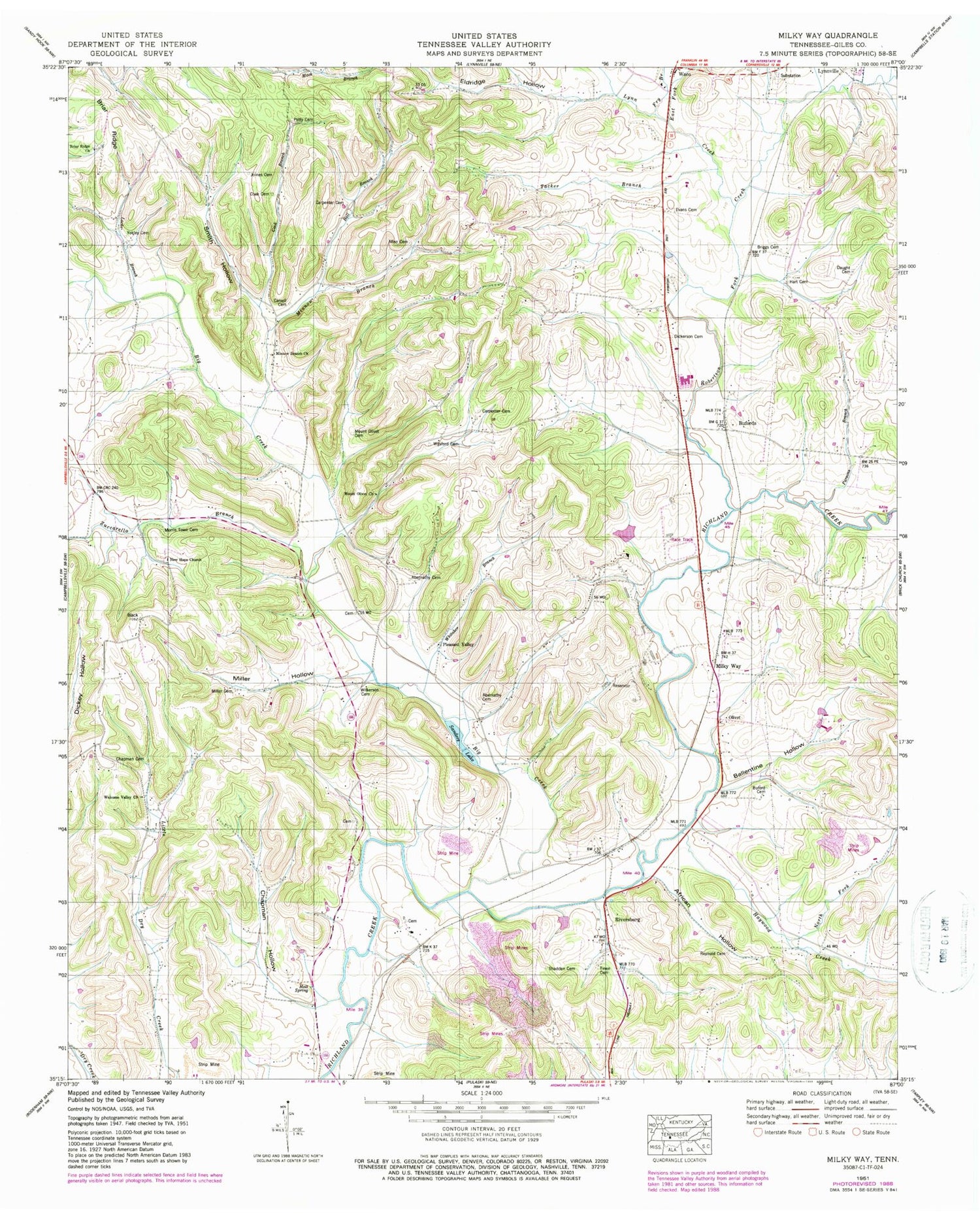 Classic USGS Milky Way Tennessee 7.5'x7.5' Topo Map Image