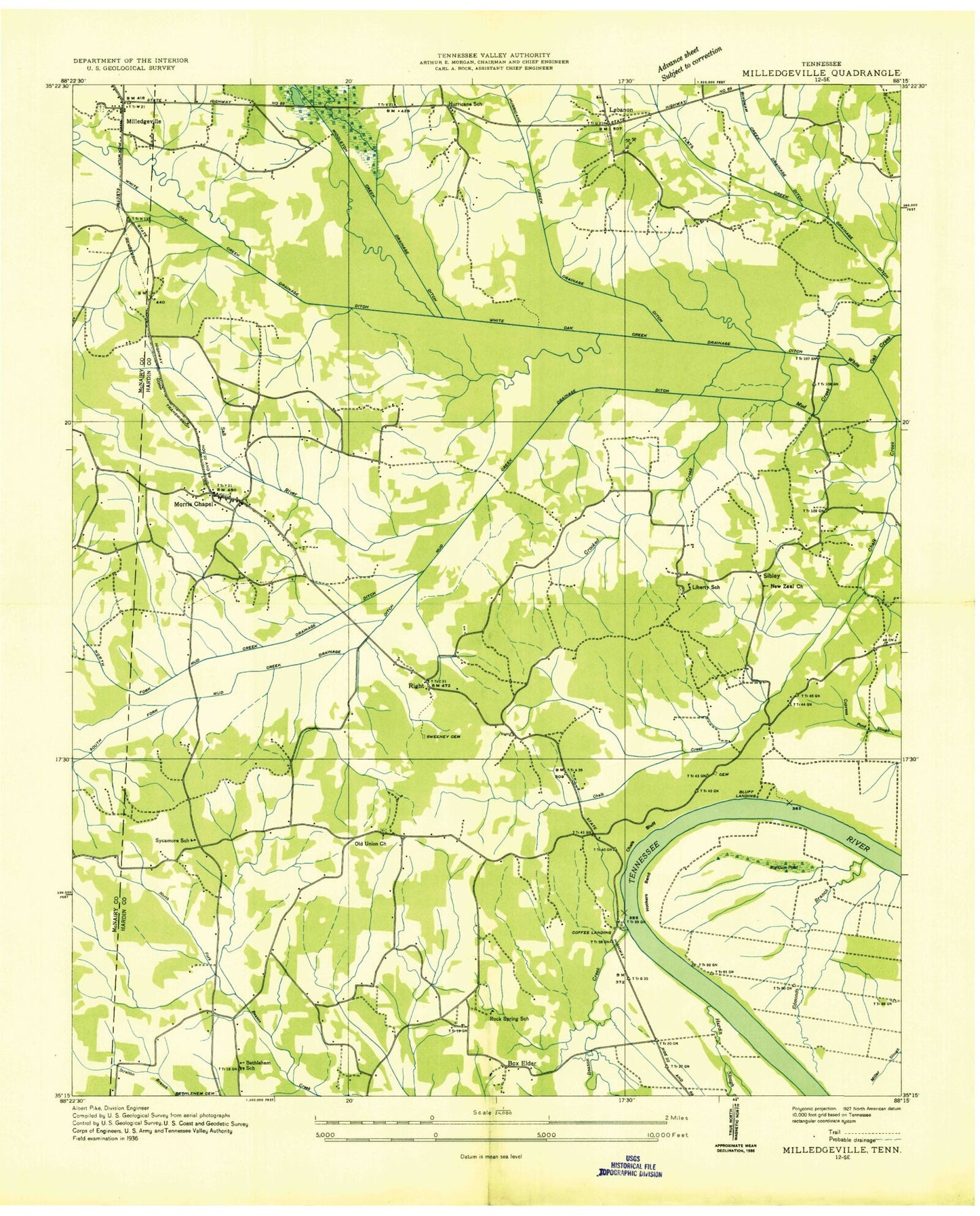 Classic USGS Milledgeville Tennessee 7.5'x7.5' Topo Map Image
