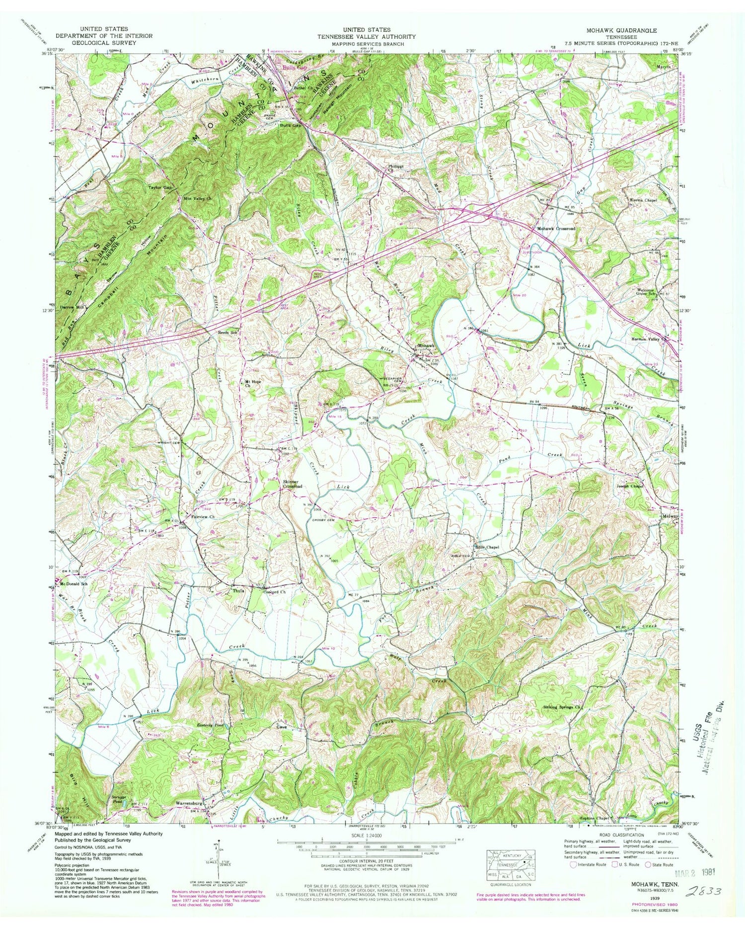 Classic USGS Mohawk Tennessee 7.5'x7.5' Topo Map Image