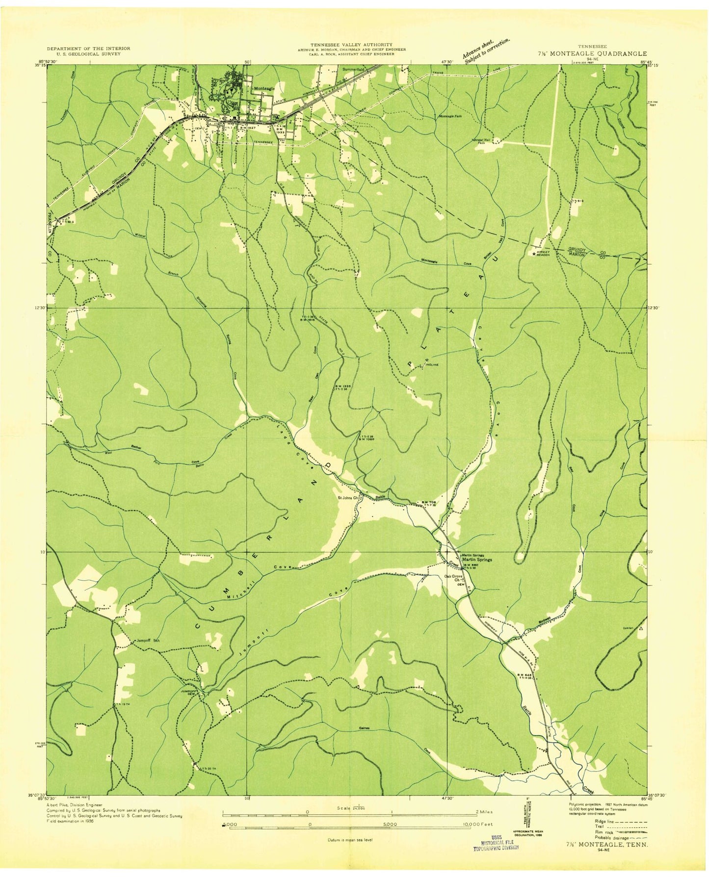 Classic USGS Monteagle Tennessee 7.5'x7.5' Topo Map Image