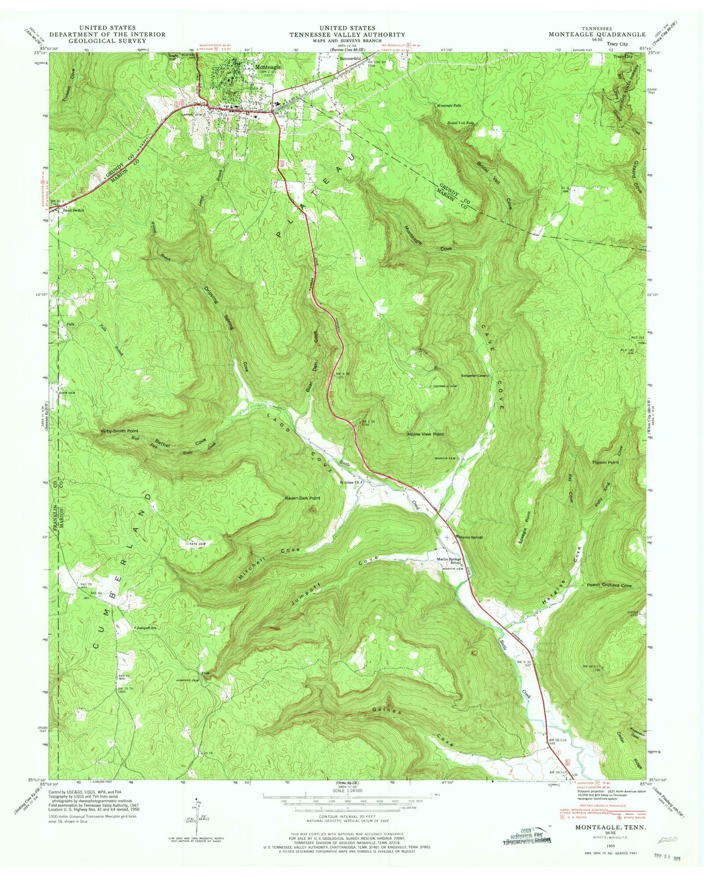 Classic USGS Monteagle Tennessee 7.5'x7.5' Topo Map Image
