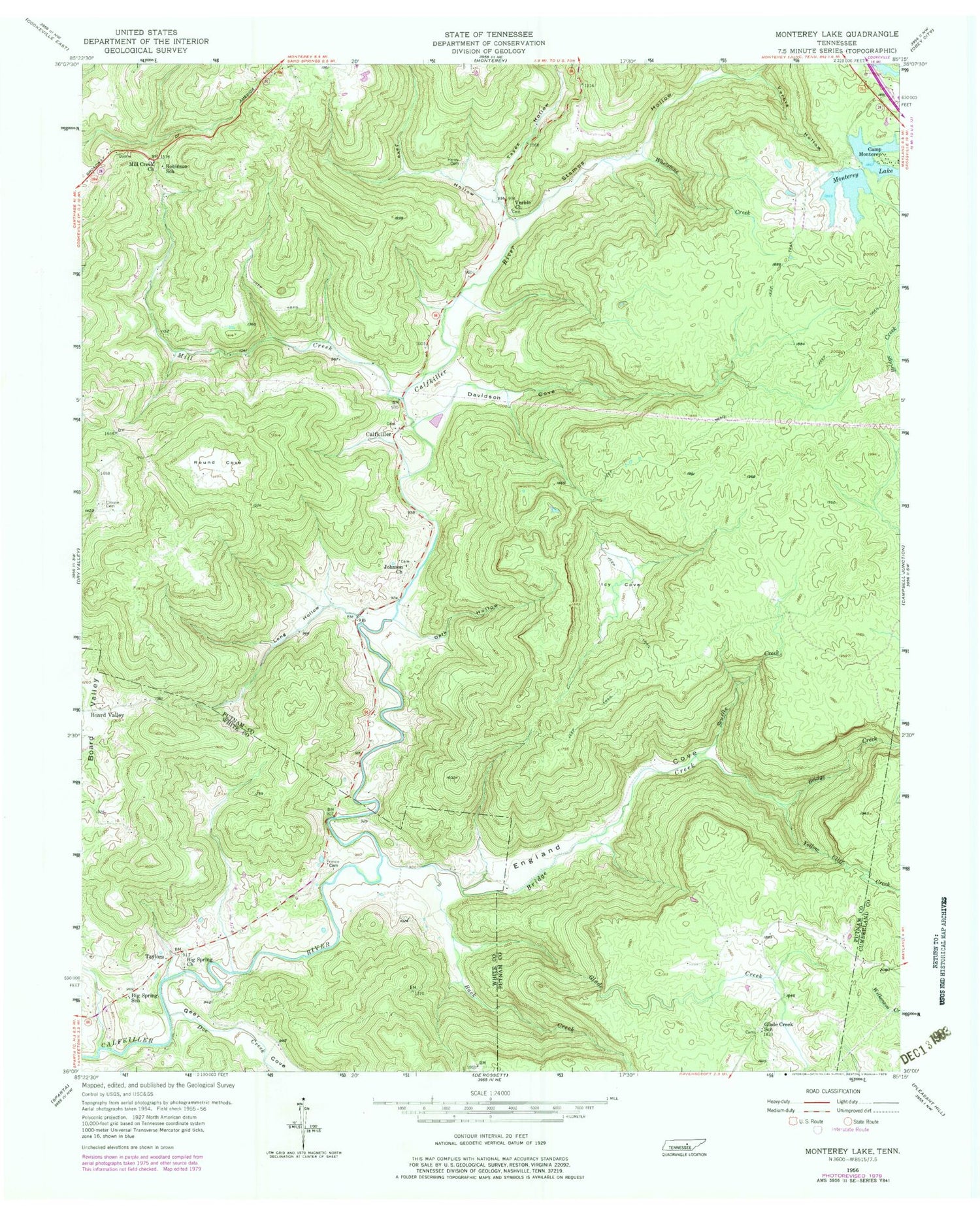 Classic USGS Monterey Lake Tennessee 7.5'x7.5' Topo Map Image