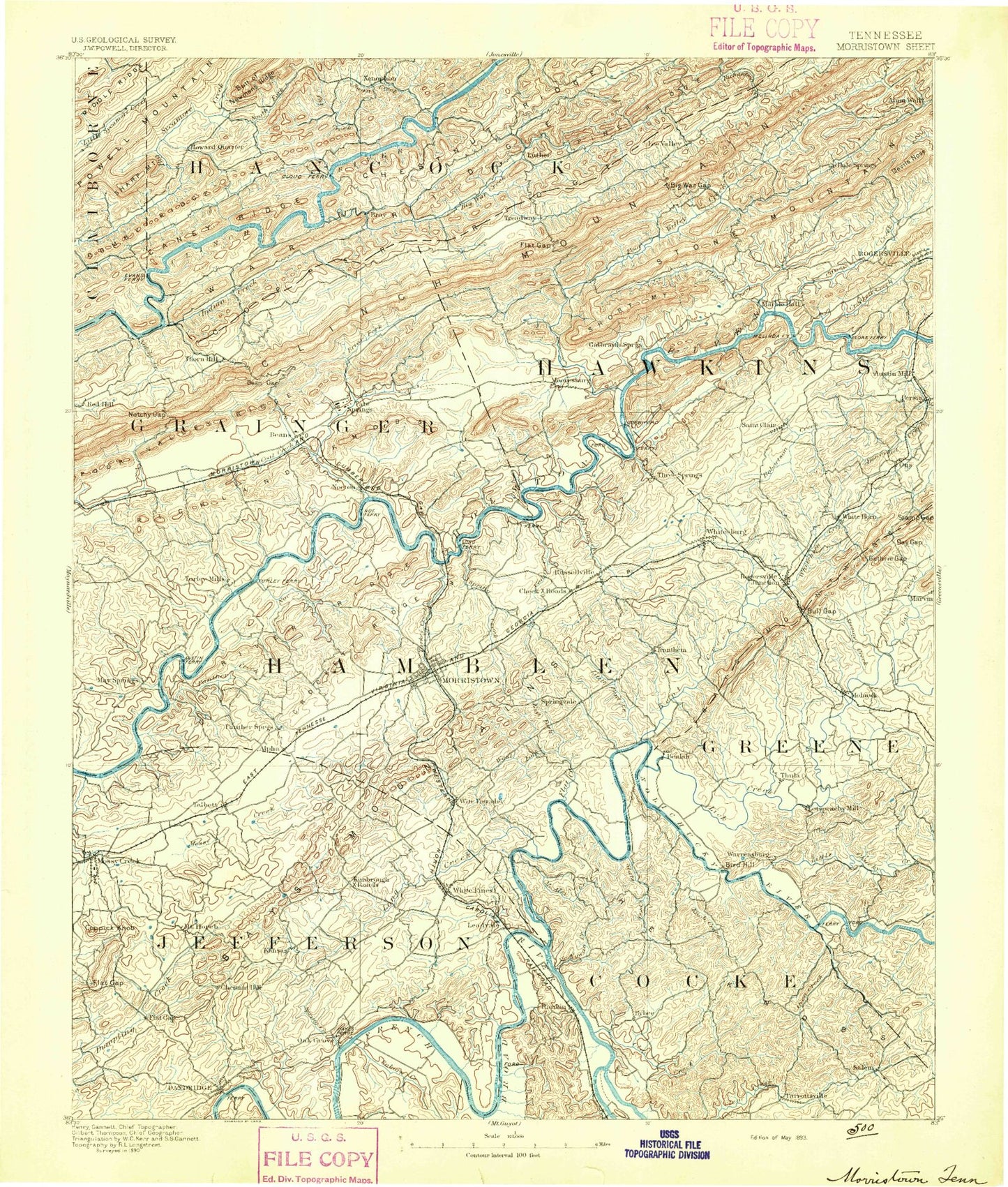 Historic 1893 Morristown Tennessee 30'x30' Topo Map Image