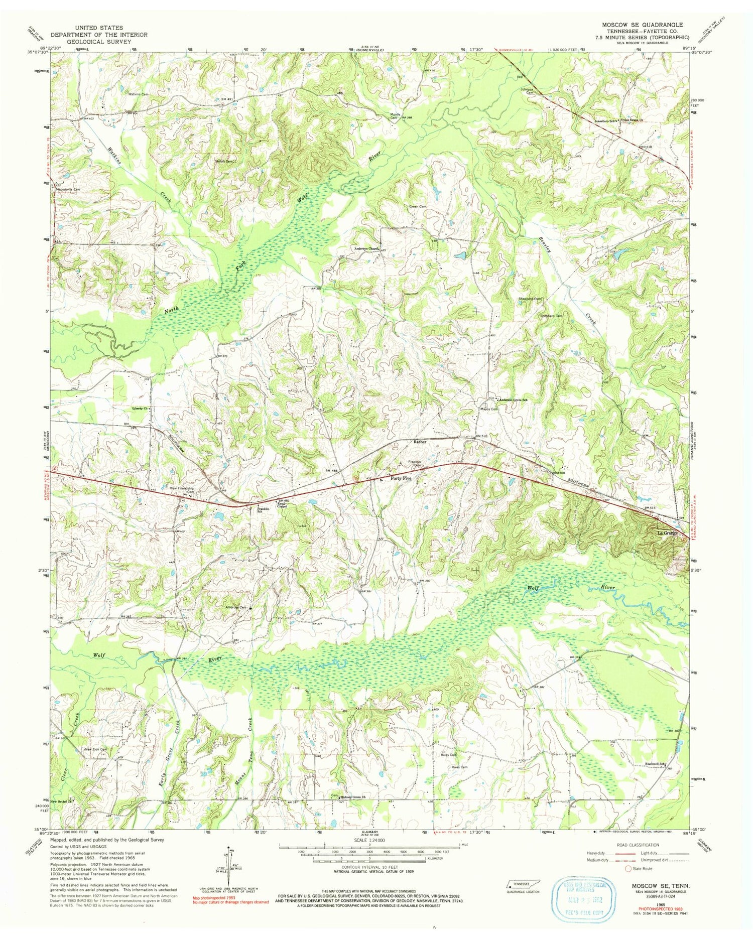 Classic USGS Moscow SE Tennessee 7.5'x7.5' Topo Map Image