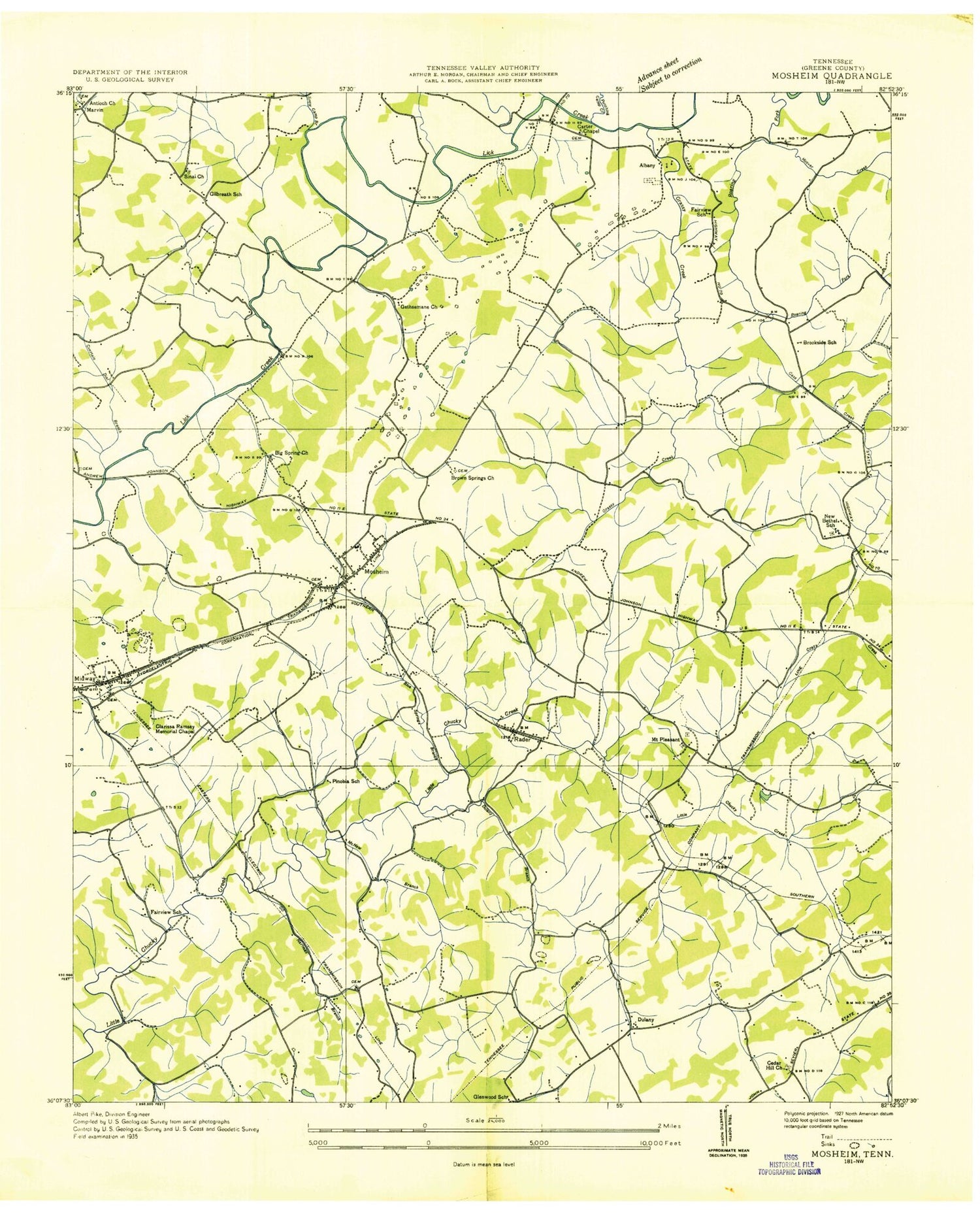Classic USGS Mosheim Tennessee 7.5'x7.5' Topo Map Image