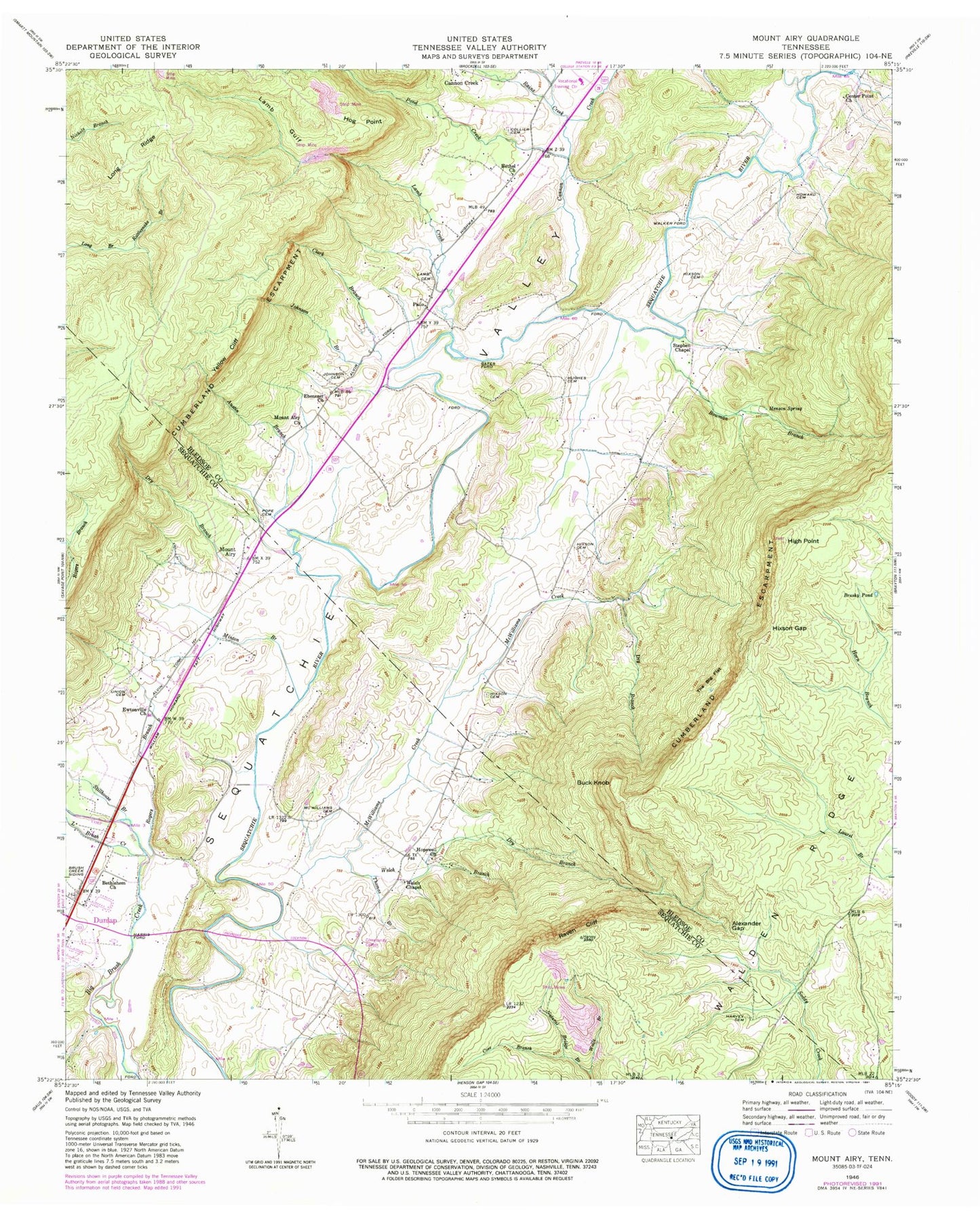 Classic USGS Mount Airy Tennessee 7.5'x7.5' Topo Map Image