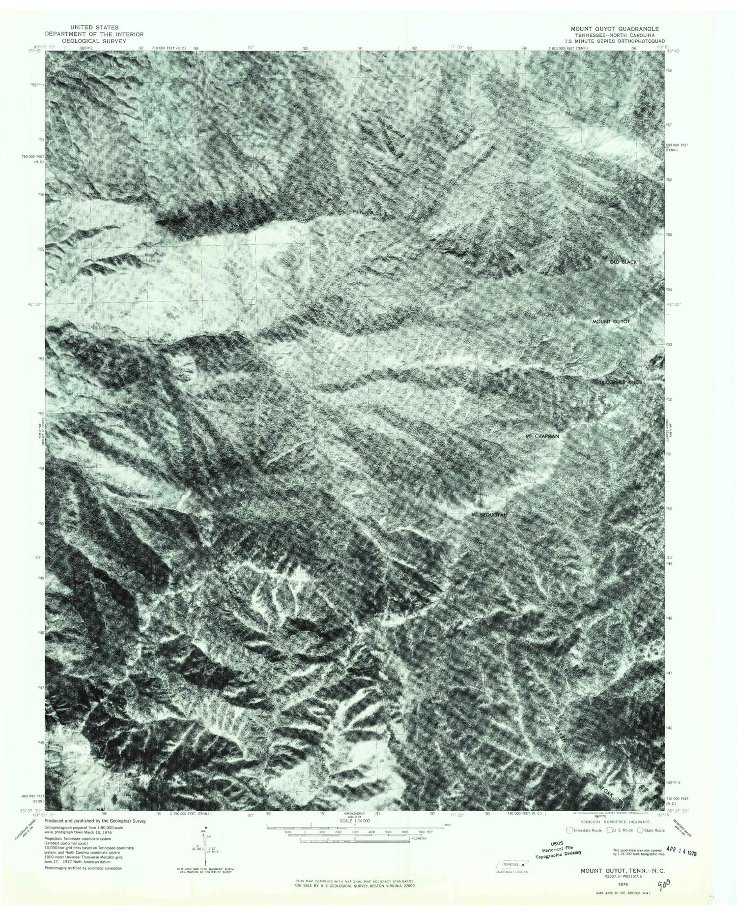 Classic USGS Mount Guyot Tennessee 7.5'x7.5' Topo Map Image
