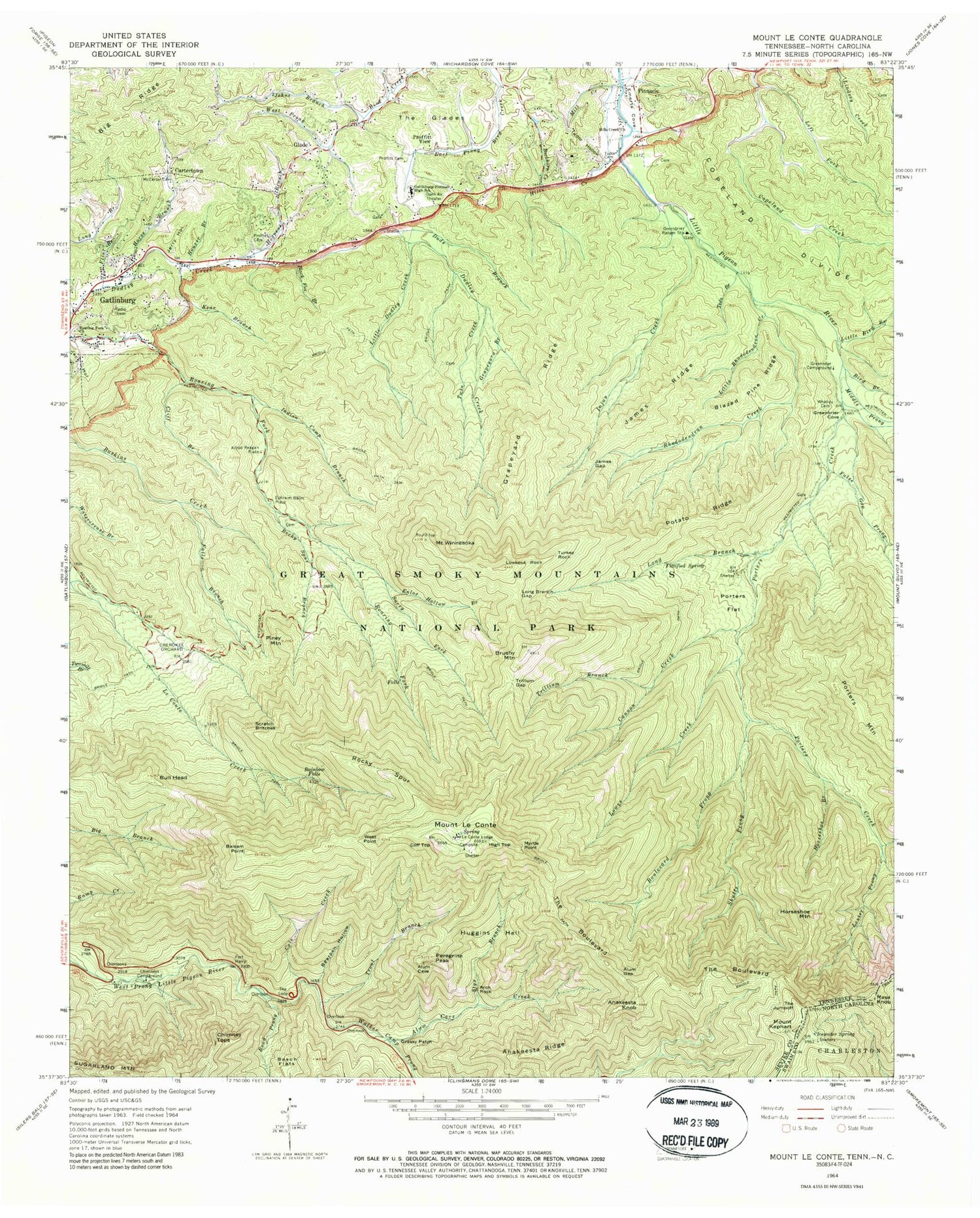 USGS Classic Mount Le Conte Tennessee 7.5'x7.5' Topo Map Image