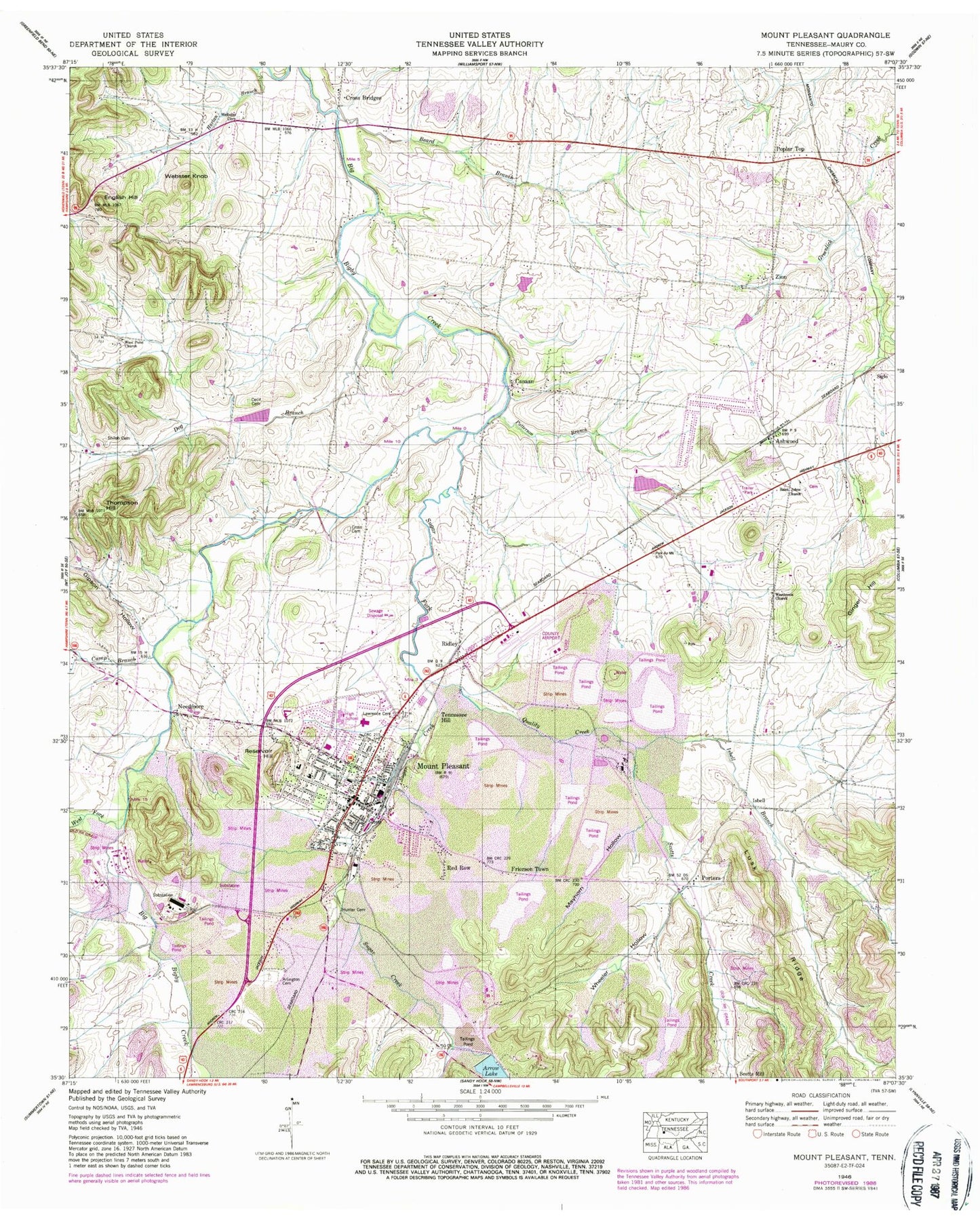 Classic USGS Mount Pleasant Tennessee 7.5'x7.5' Topo Map Image