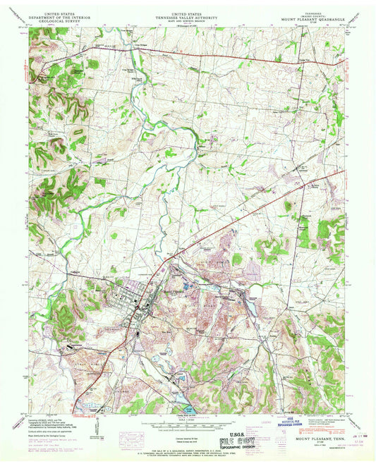 Classic USGS Mount Pleasant Tennessee 7.5'x7.5' Topo Map Image