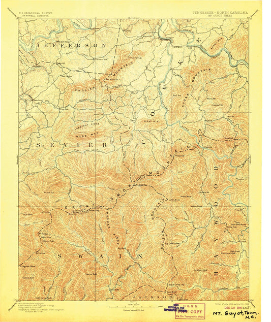 Historic 1893 Mount Guyot Tennessee 30'x30' Topo Map Image