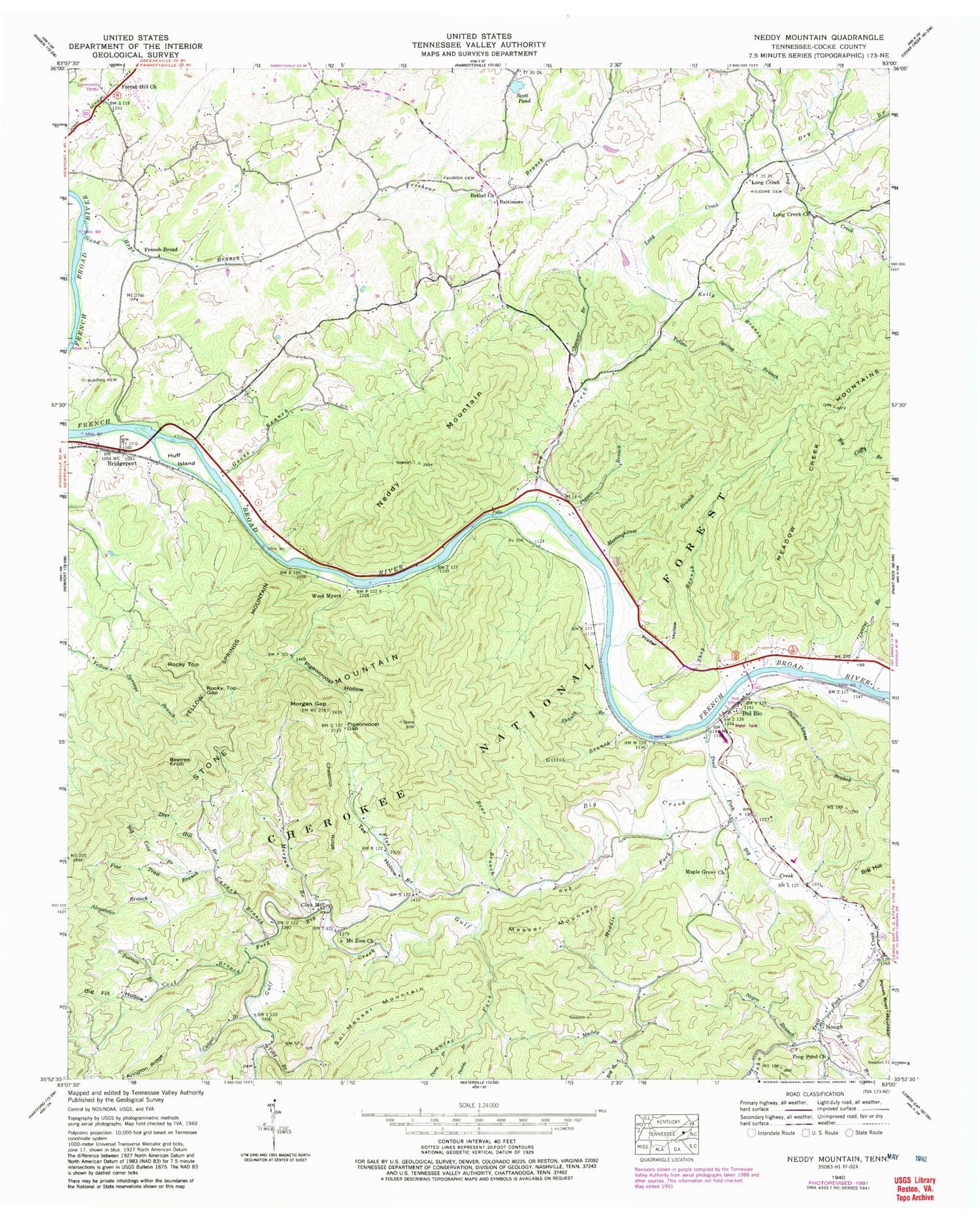 Classic USGS Neddy Mountain Tennessee 7.5'x7.5' Topo Map Image