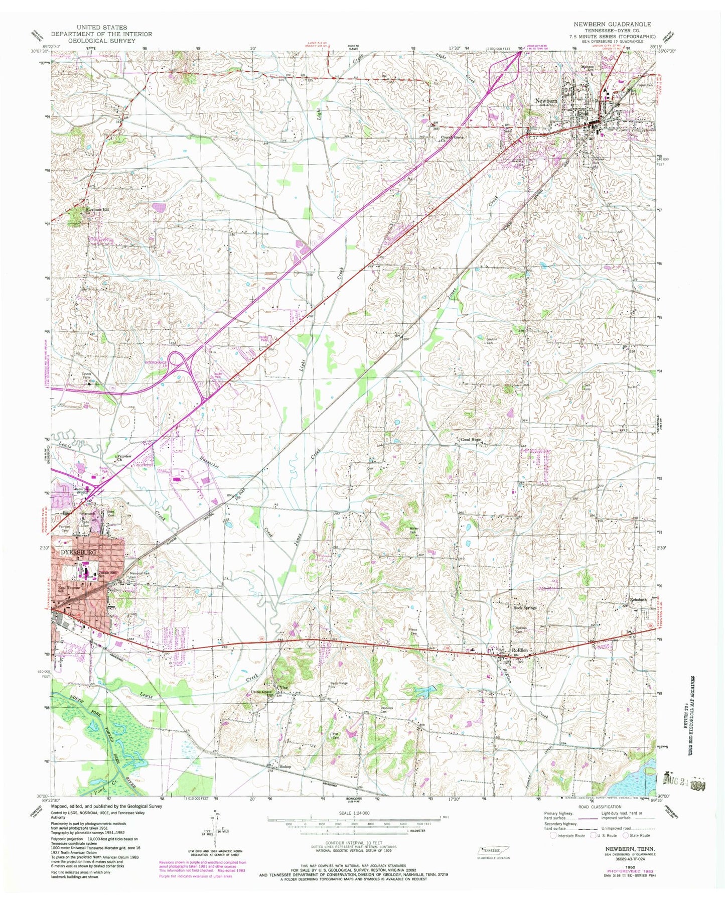 Classic USGS Newbern Tennessee 7.5'x7.5' Topo Map Image