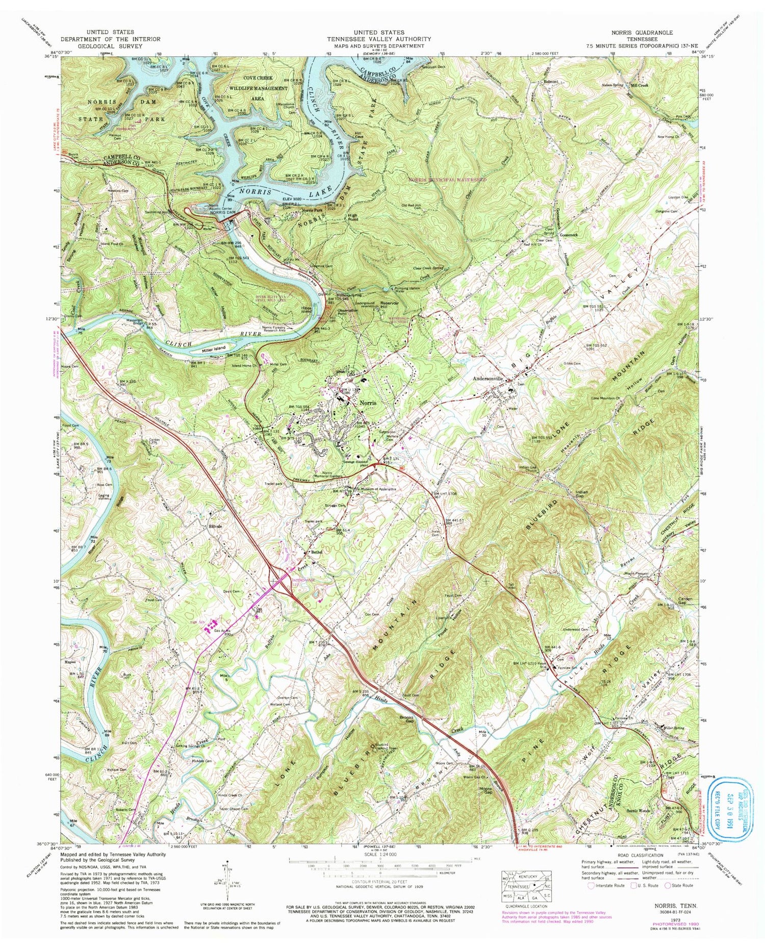 Classic USGS Norris Tennessee 7.5'x7.5' Topo Map Image