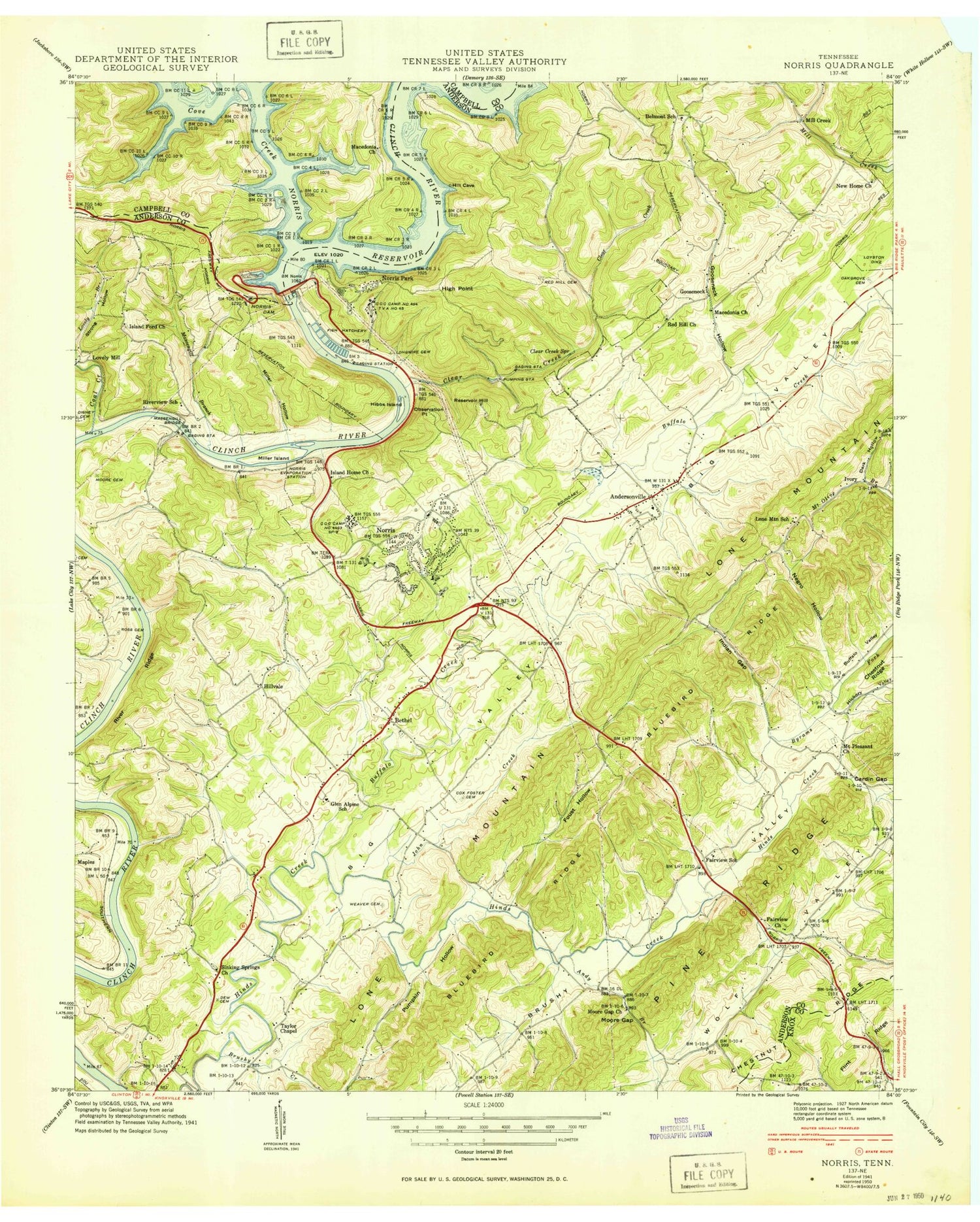 Classic USGS Norris Tennessee 7.5'x7.5' Topo Map Image