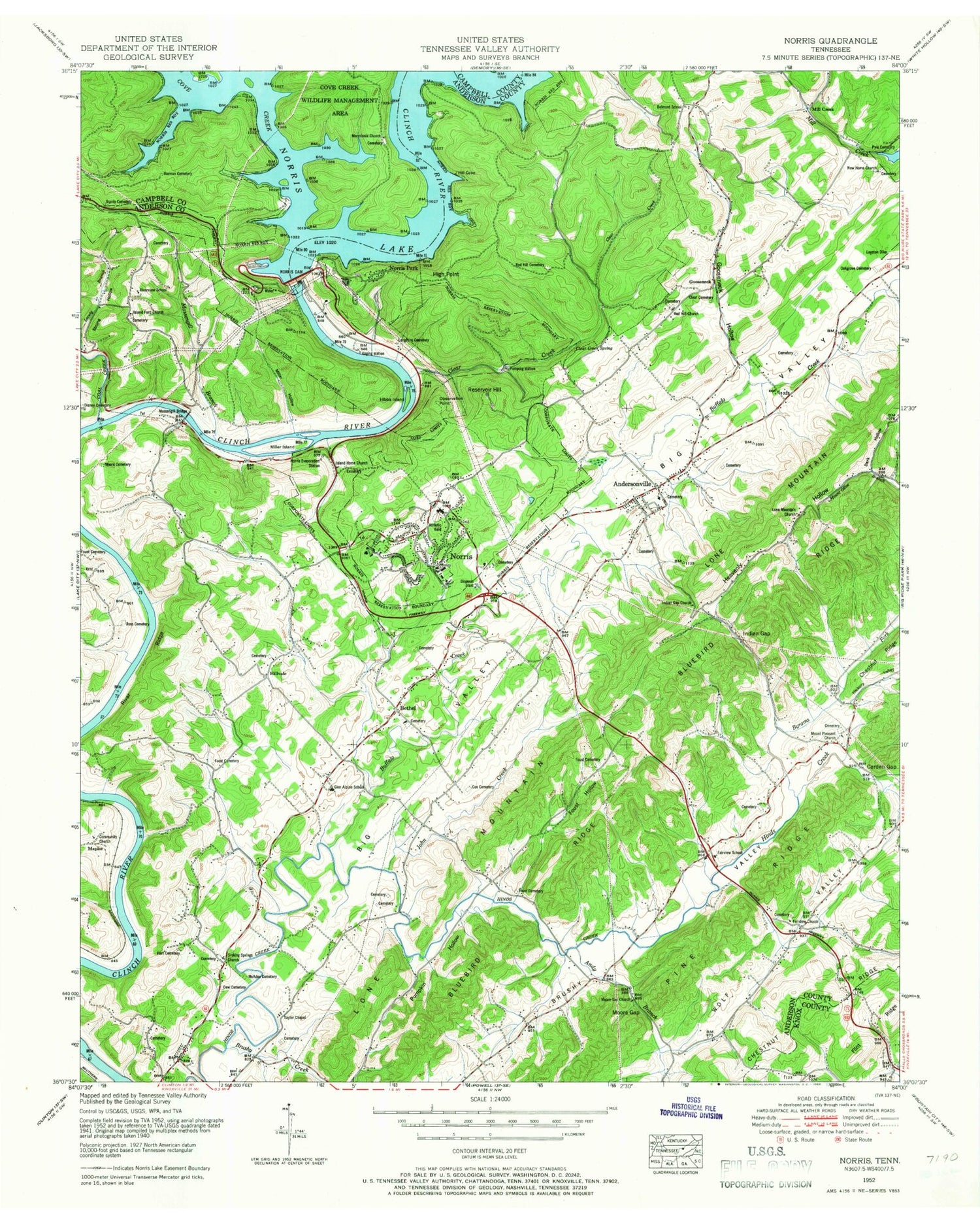 Classic USGS Norris Tennessee 7.5'x7.5' Topo Map Image