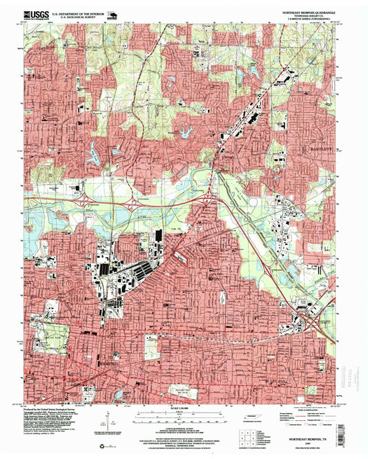 Classic USGS Northeast Memphis Tennessee 7.5'x7.5' Topo Map Image