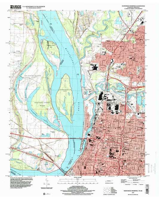 Classic USGS Northwest Memphis Tennessee 7.5'x7.5' Topo Map Image