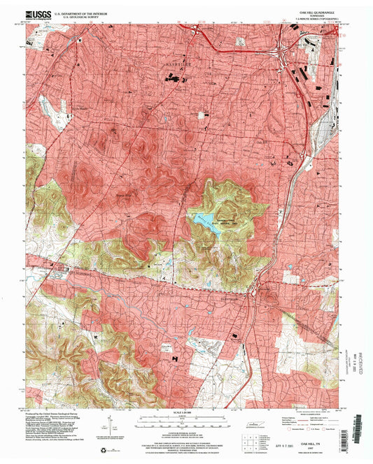 Classic USGS Oak Hill Tennessee 7.5'x7.5' Topo Map Image