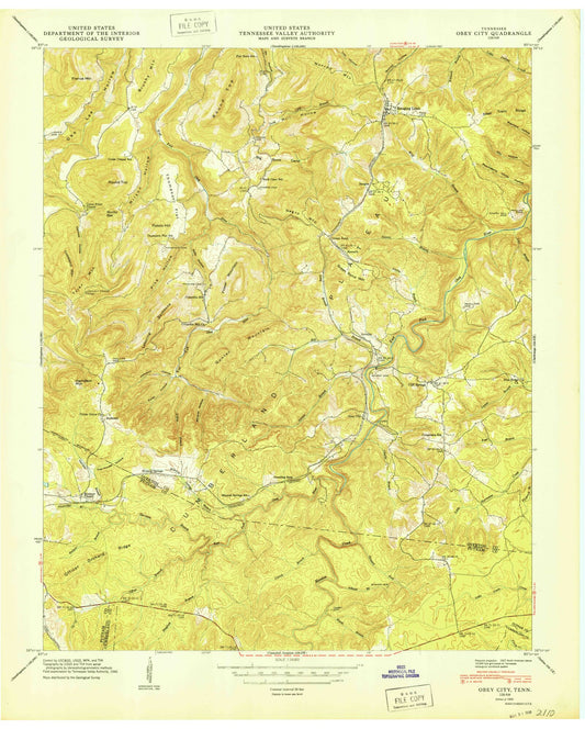 Classic USGS Obey City Tennessee 7.5'x7.5' Topo Map Image