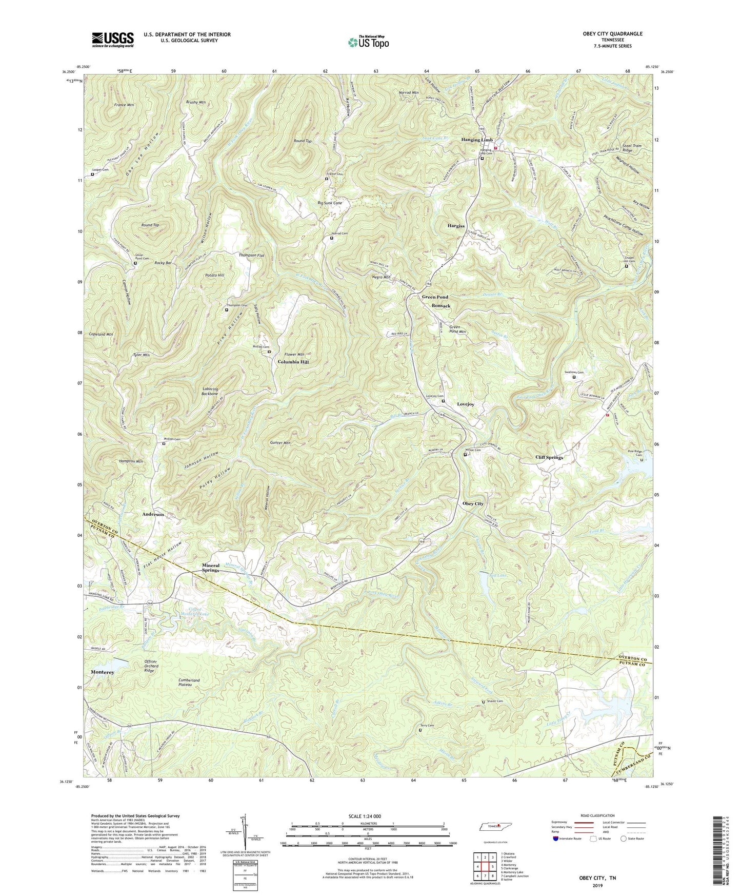 Obey City Tennessee US Topo Map Image