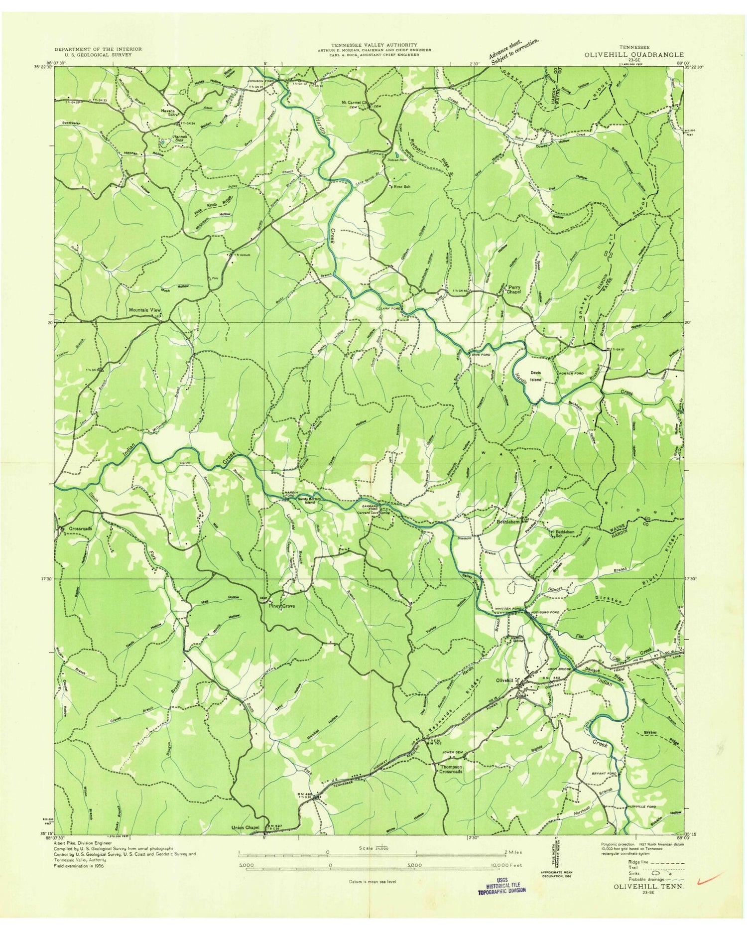 Classic USGS Olivehill Tennessee 7.5'x7.5' Topo Map Image