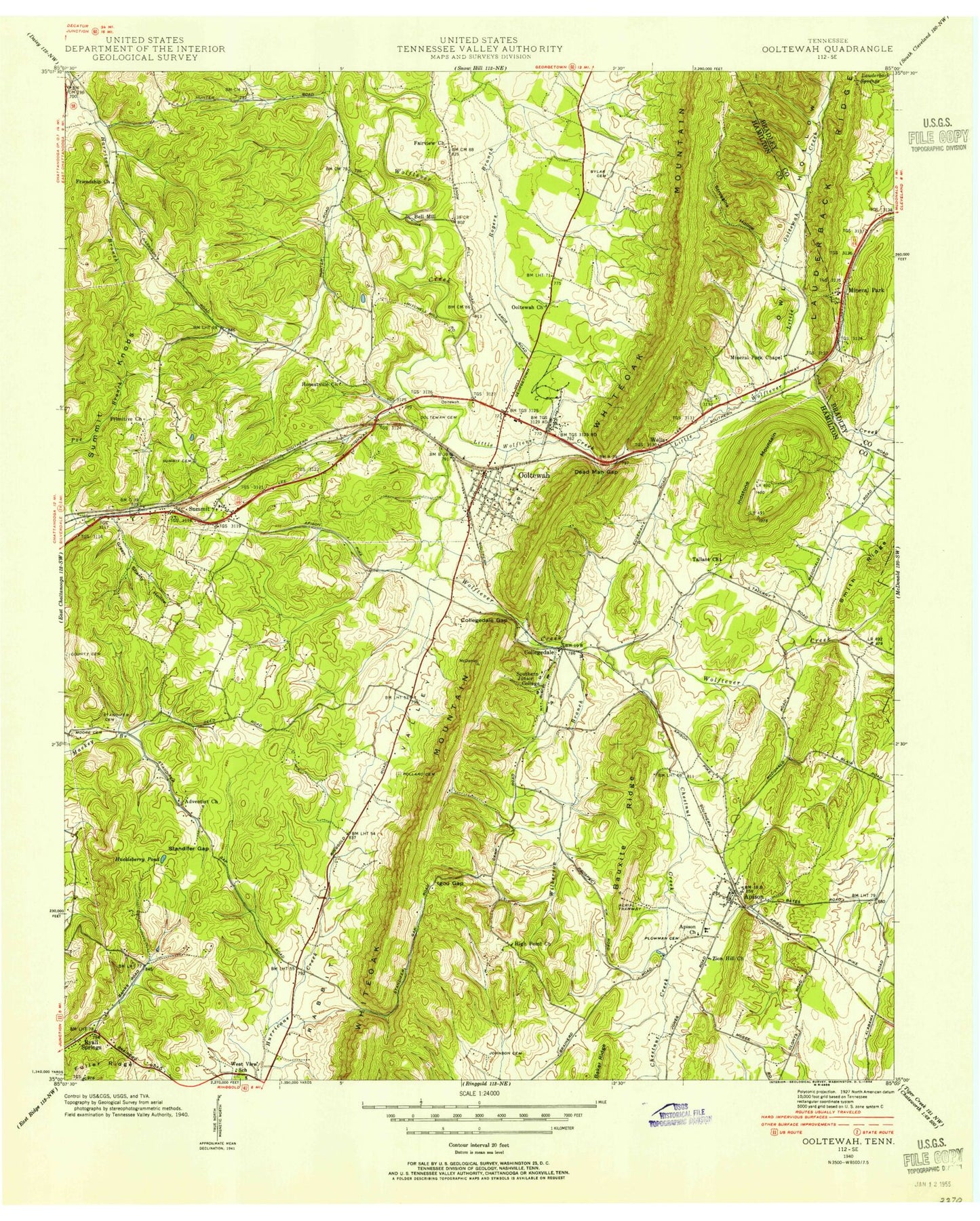 Classic USGS Ooltewah Tennessee 7.5'x7.5' Topo Map Image