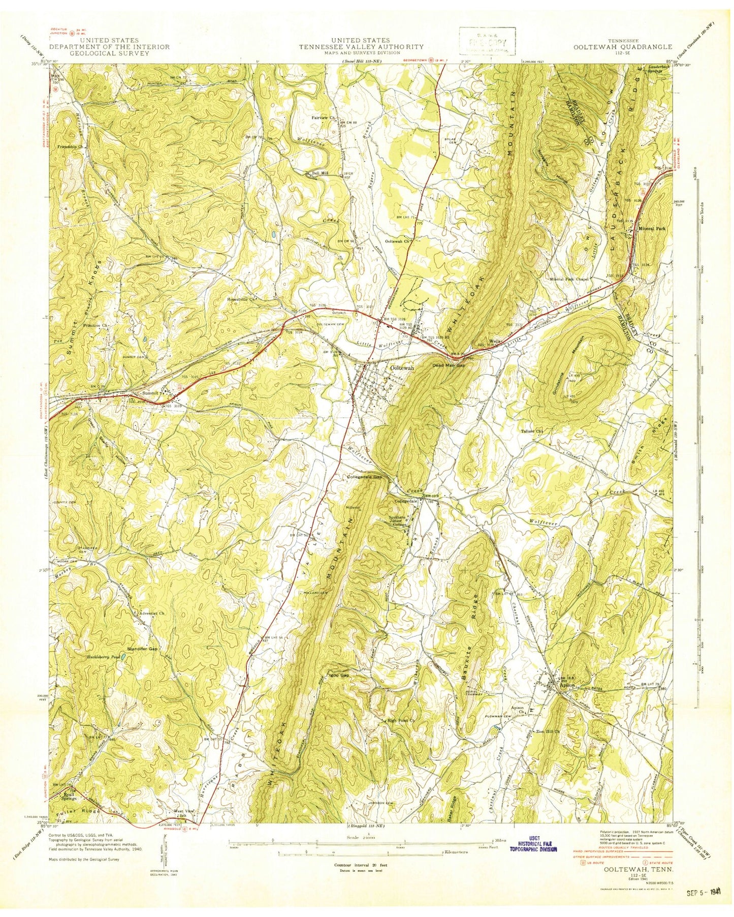 Classic USGS Ooltewah Tennessee 7.5'x7.5' Topo Map Image