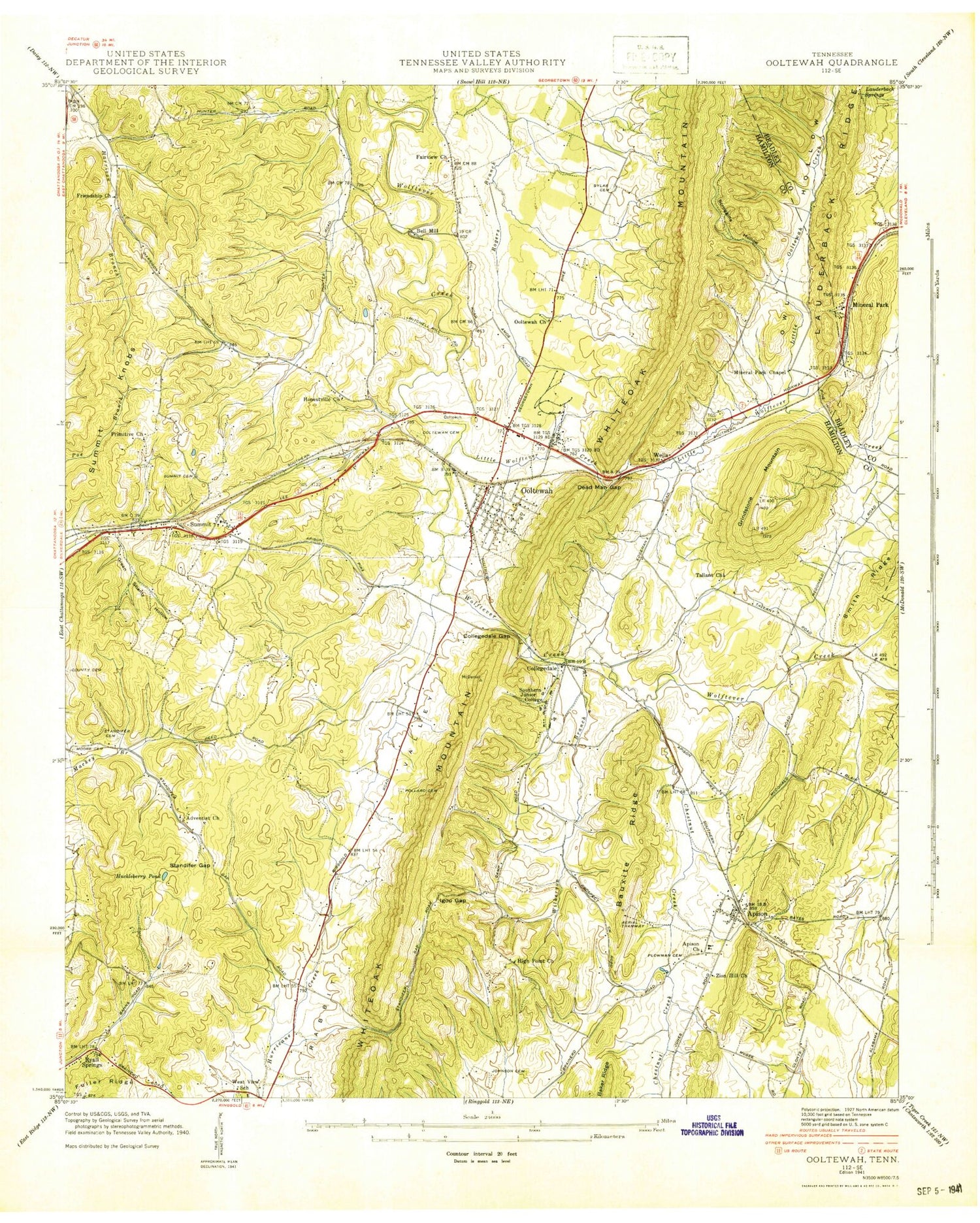Classic USGS Ooltewah Tennessee 7.5'x7.5' Topo Map Image