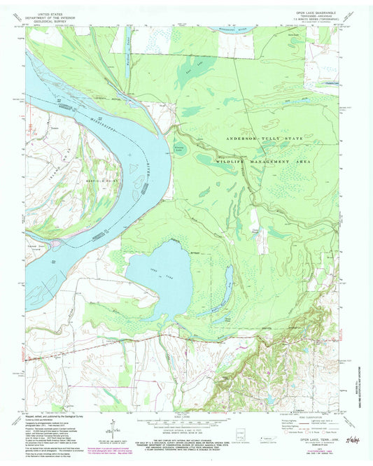 Classic USGS Open Lake Tennessee 7.5'x7.5' Topo Map Image